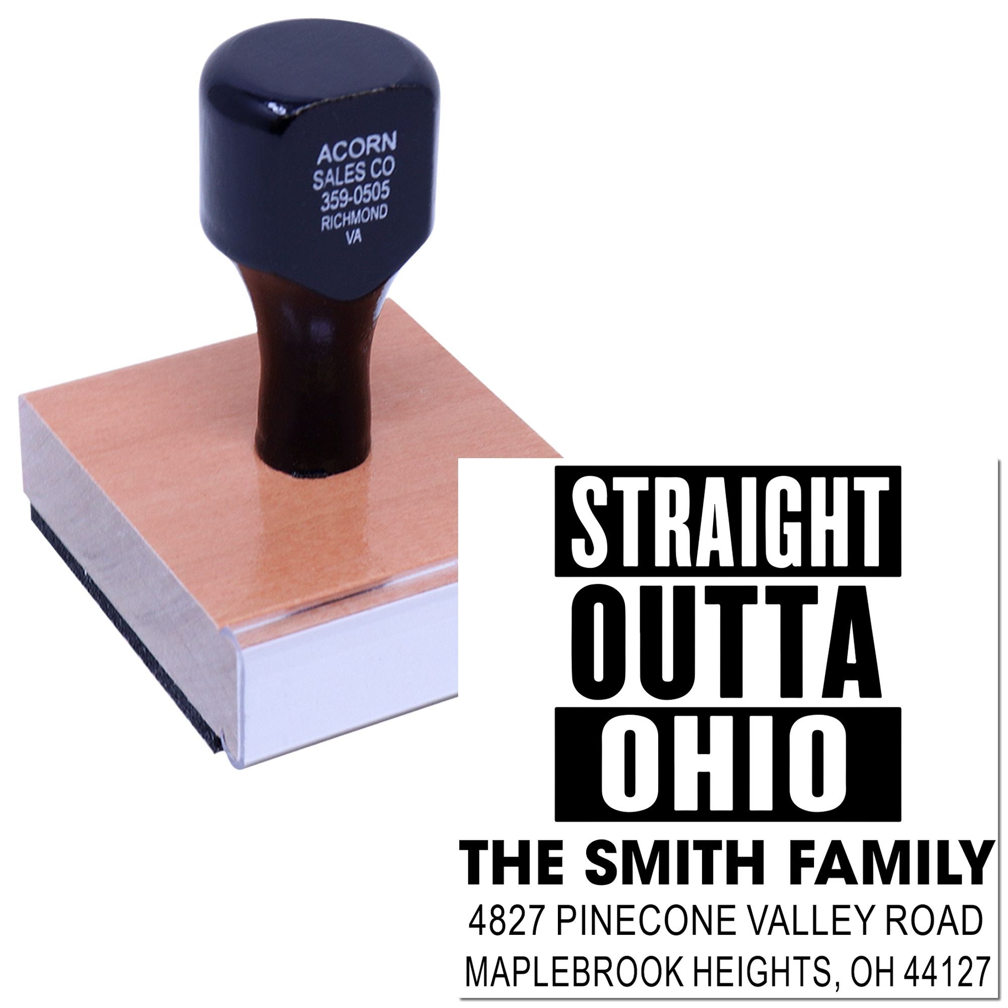 Custom self-inking rubber stamp with Straight Outta Ohio address design for The Smith Family, Maplebrook Heights, OH.