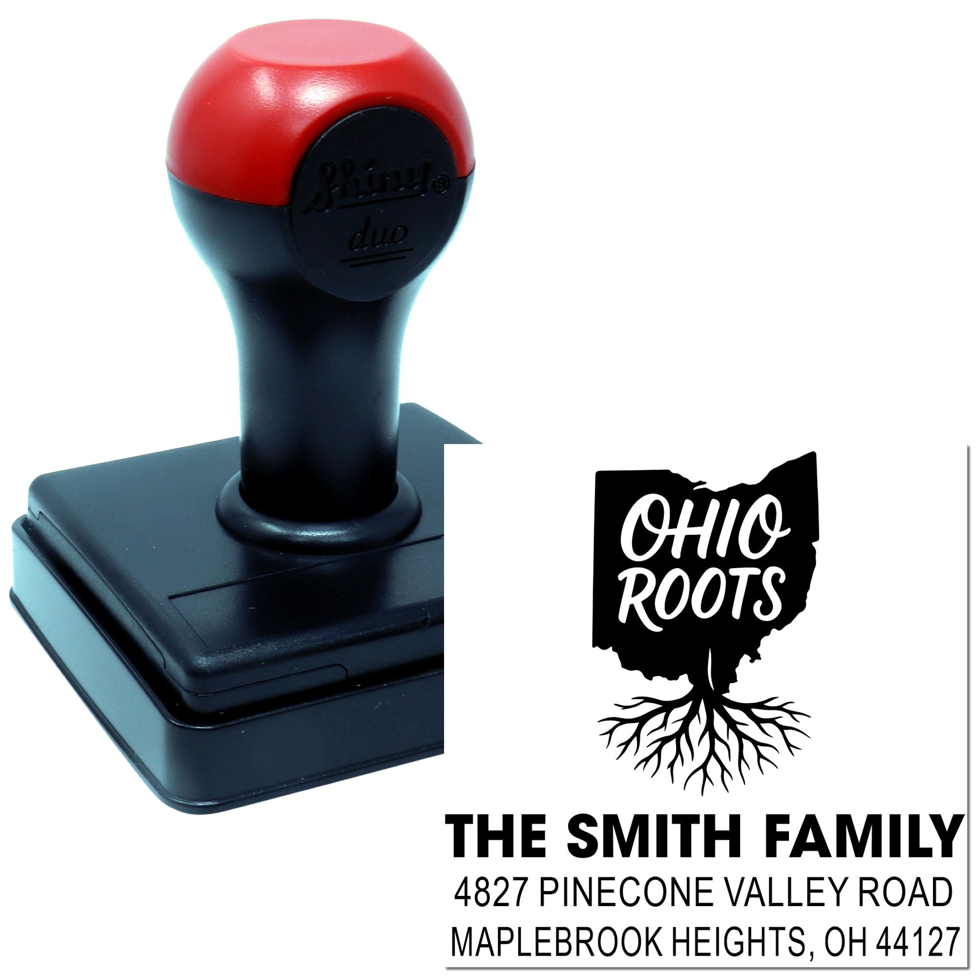 Custom self-inking Ohio Roots rubber stamp with family name and address for personalized return mailing.