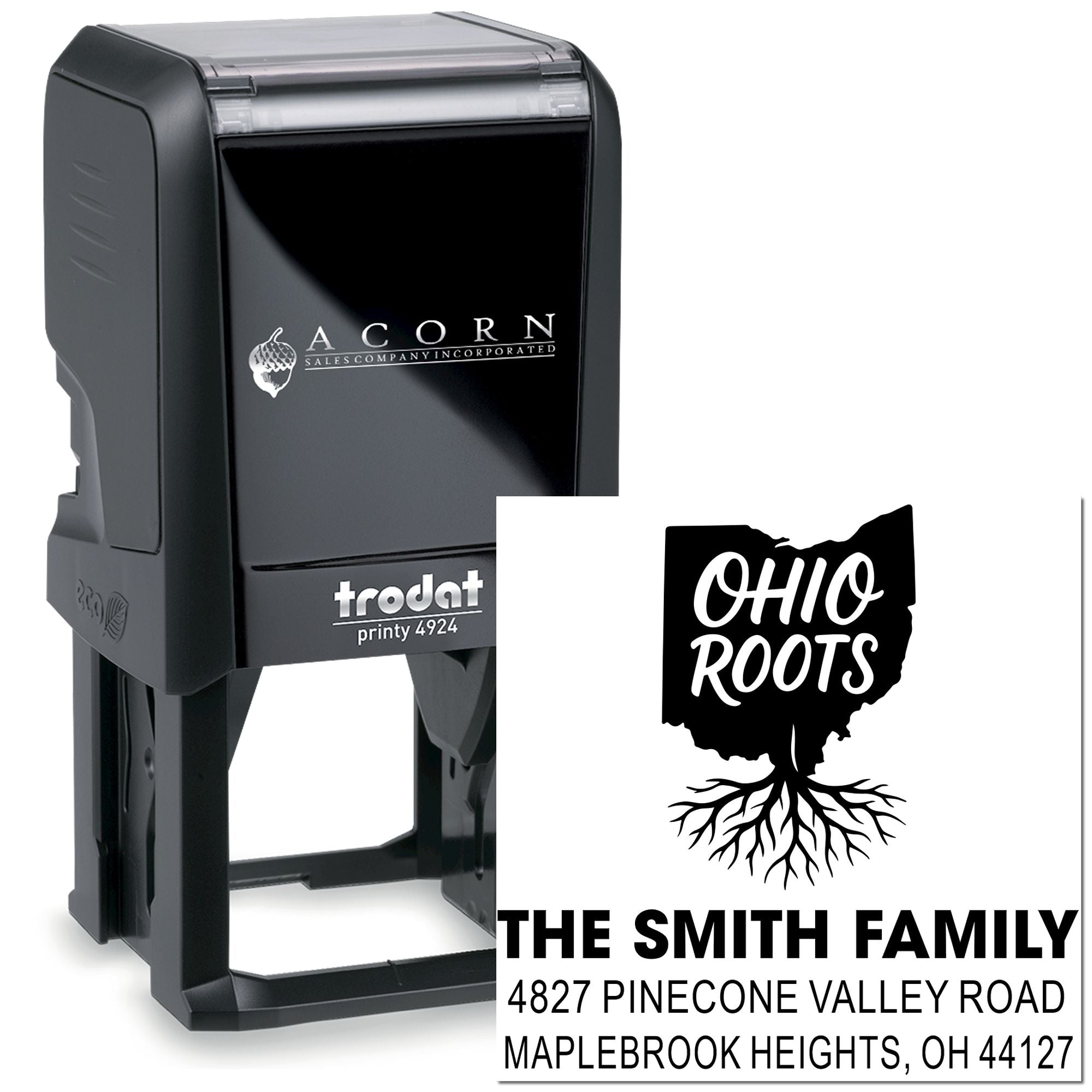 Custom Ohio Roots address rubber stamp, self-inking Trodat Printy 4924, featuring family name and address for mailing.