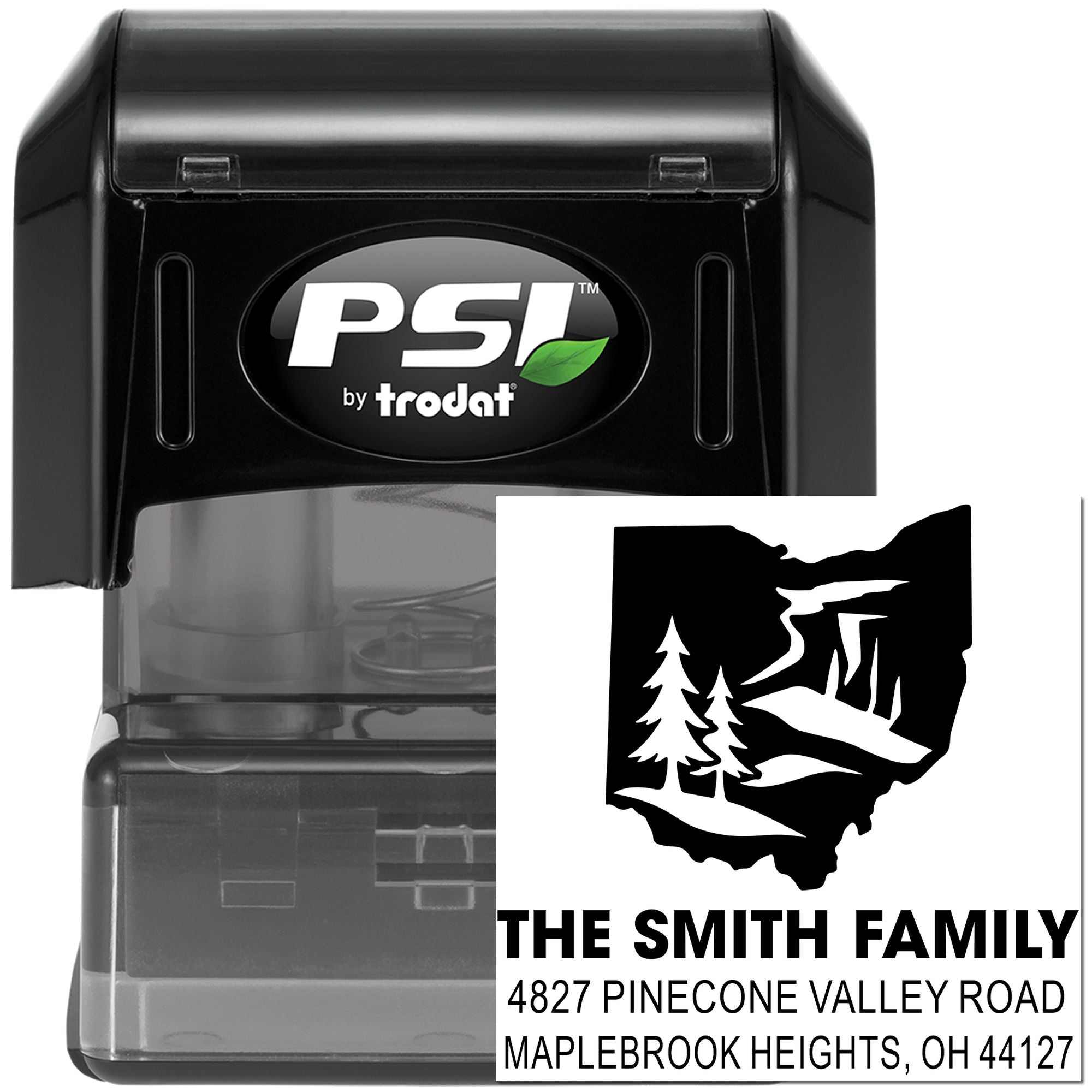 PSI by Trodat self-inking custom return address rubber stamp with Ohio family name and pine tree design
