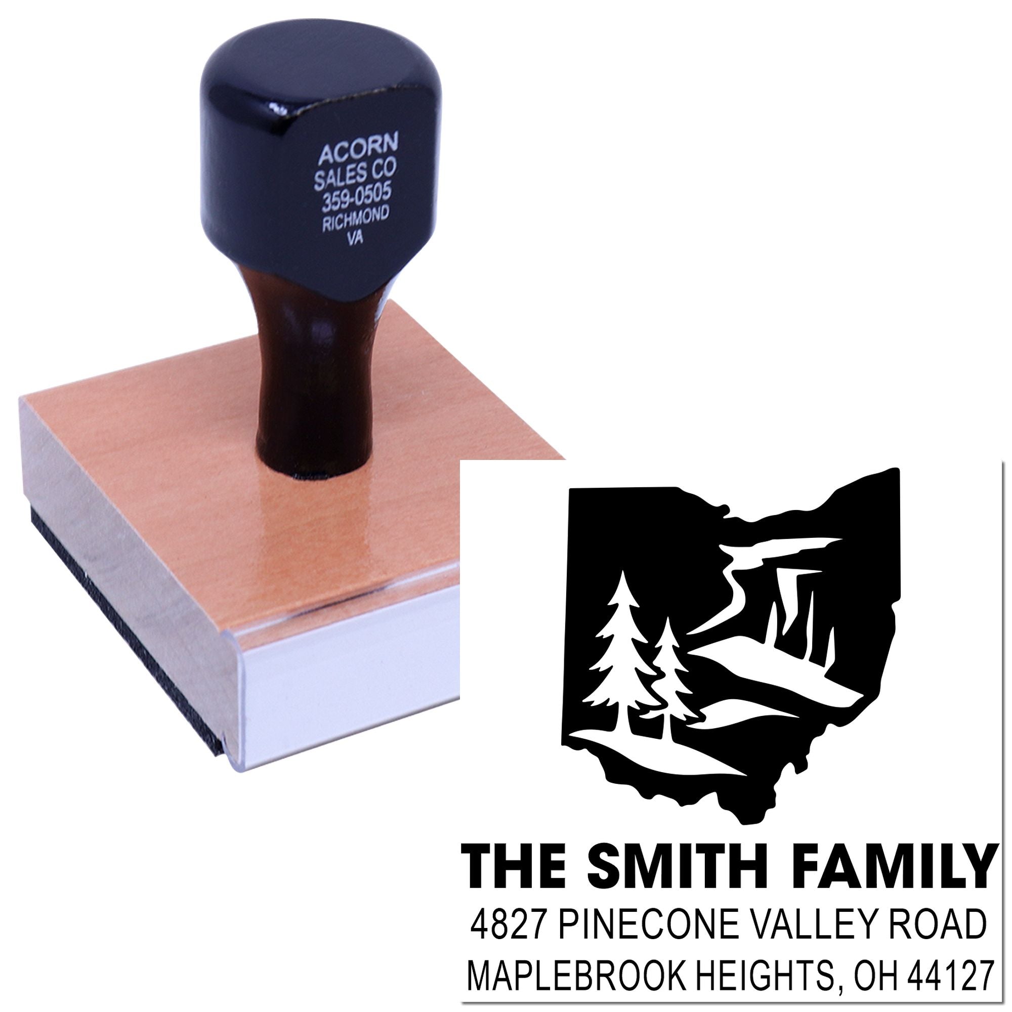Personalized return address rubber stamp with custom family name and state map design for mailing.