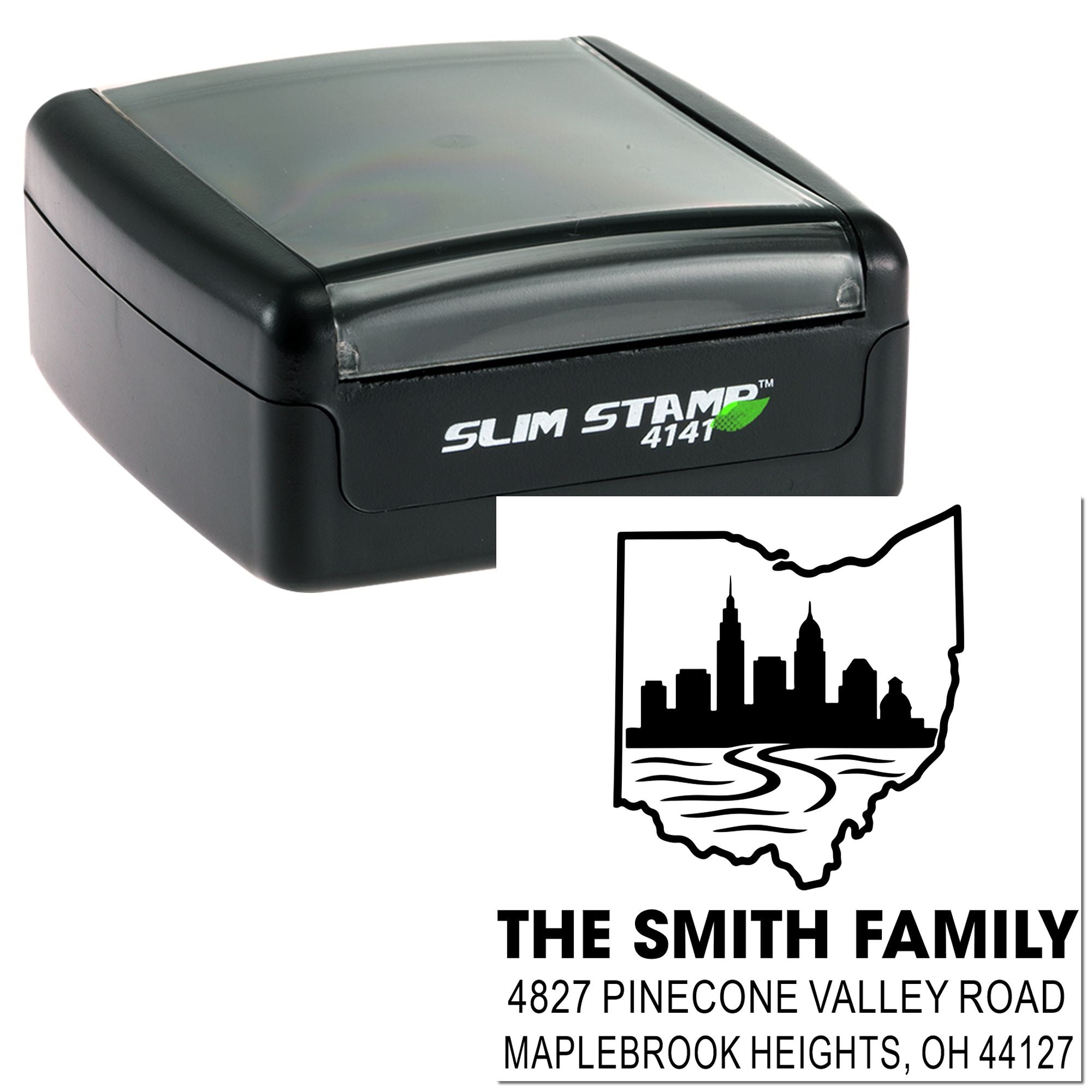 Personalized Ohio family return address rubber stamp with skyline design, shown in a Slim Stamp 4141 self-inking case.