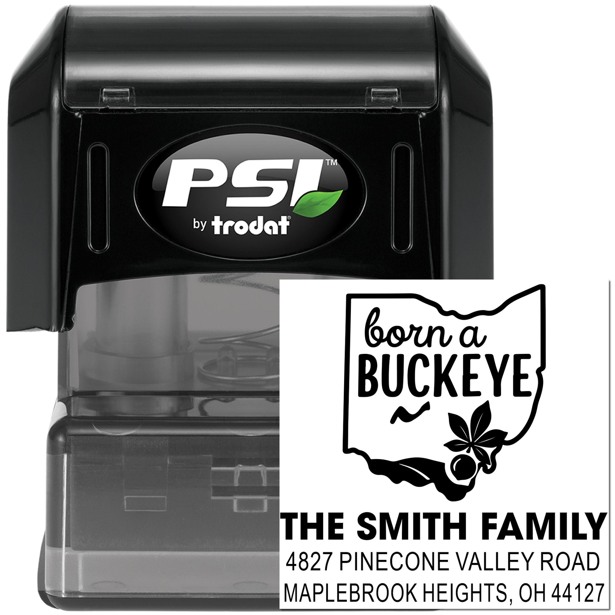 Custom Ohio Buckeye self-inking rubber stamp by PSI Trodat for personalized family return address and mail labeling.