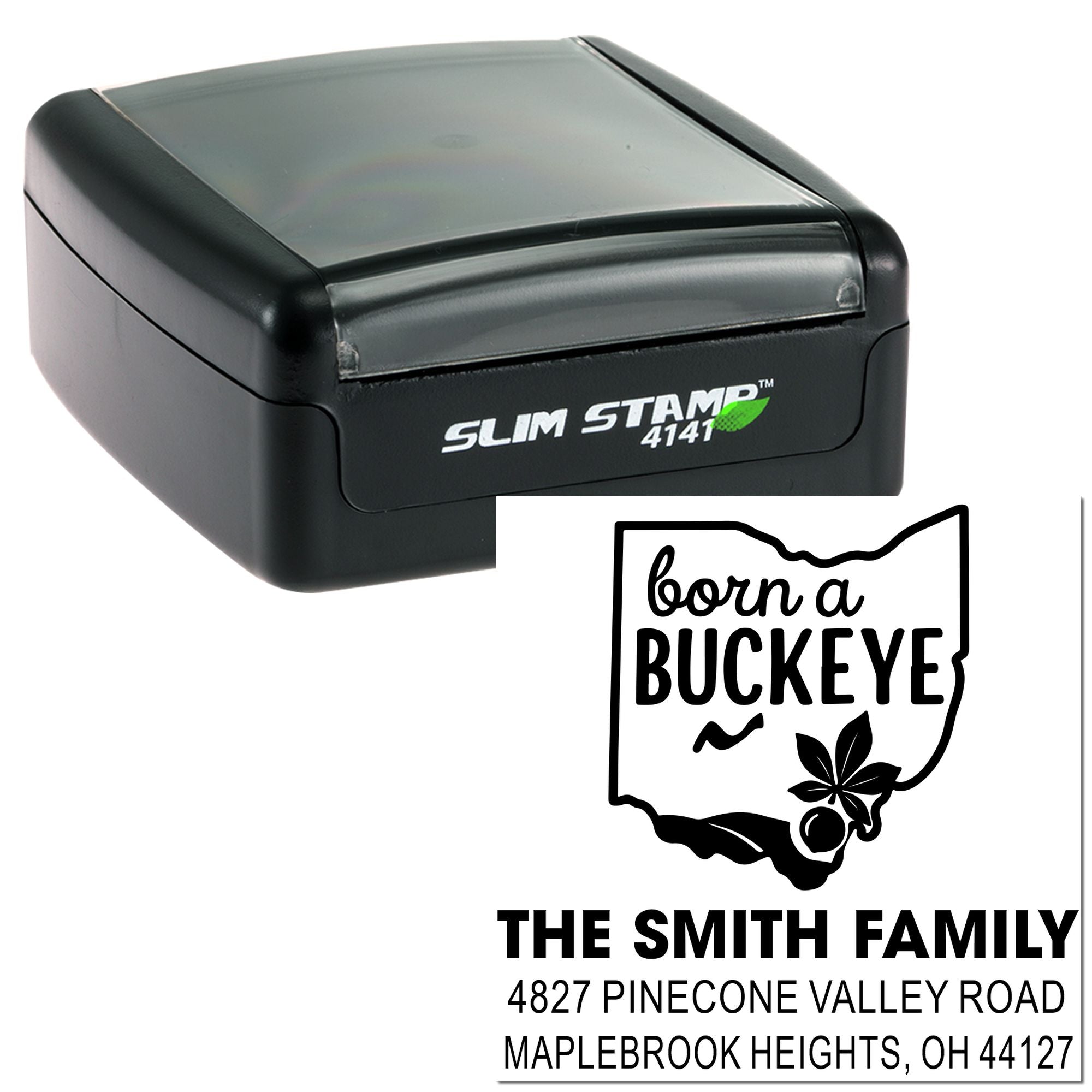 Buckeye Pride Personalized 3-Line Custom Rubber Stamp with Ohio State Design, Slim Pre-Inked Square Stamp for Crafters & Small Businesses