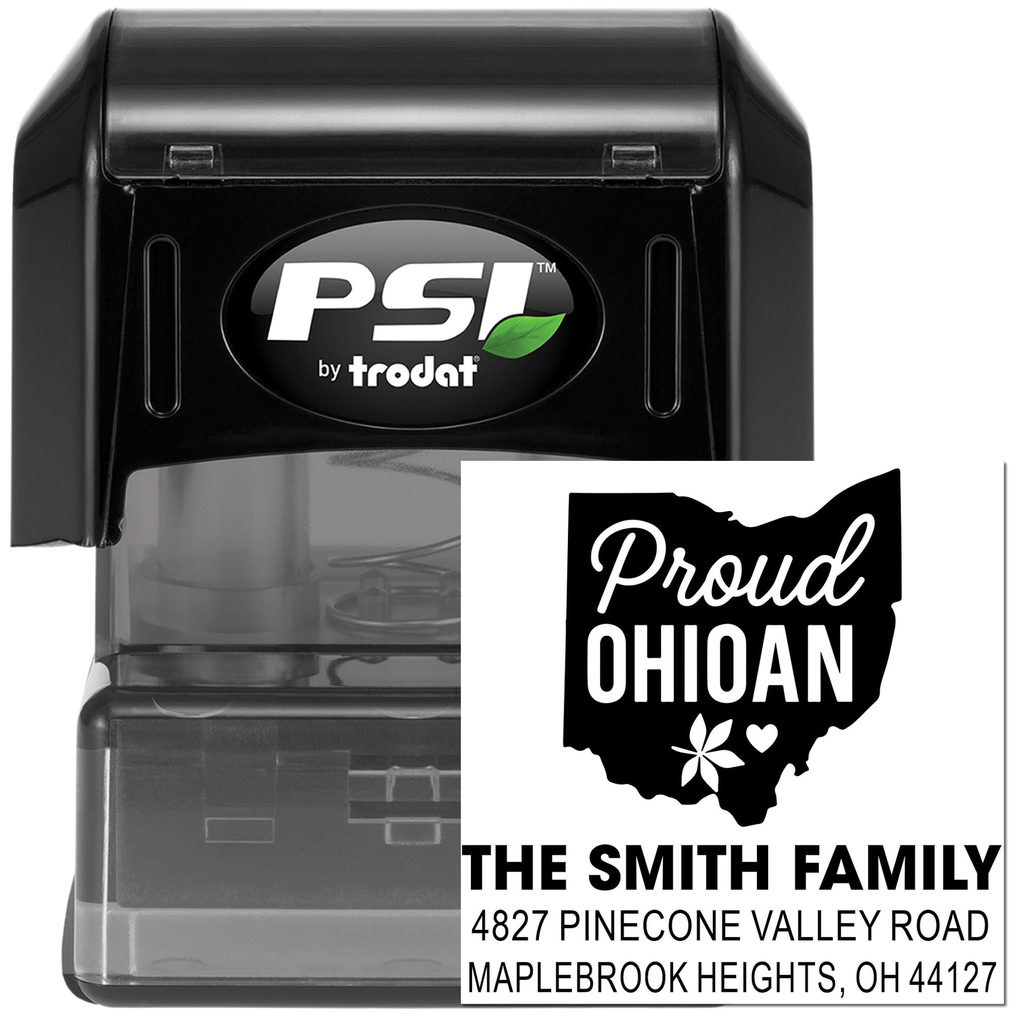 PSI by Trodat custom Ohio address rubber stamp with Proud Ohioan family return address design for mailings and stationery
