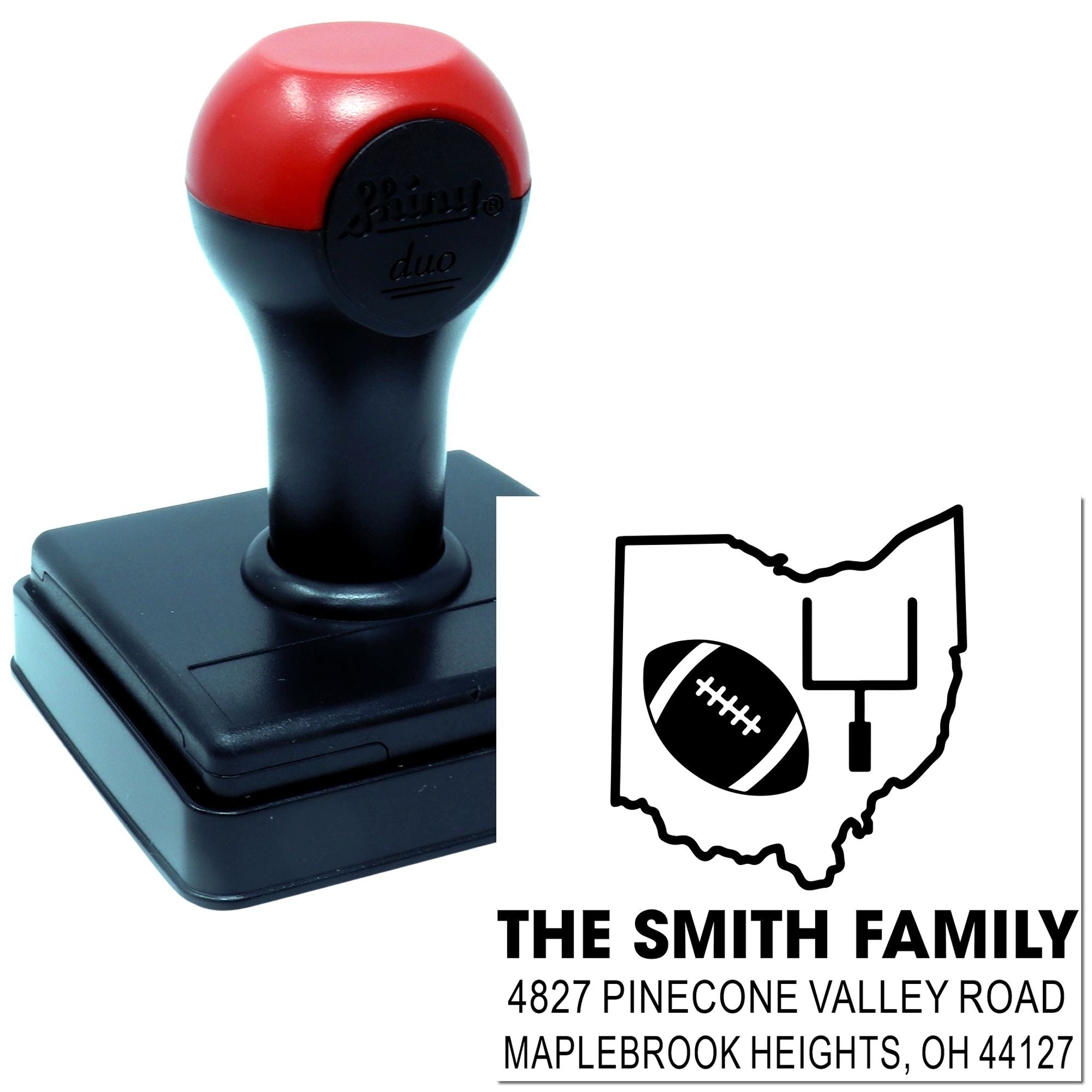 Custom self-inking Ohio football address rubber stamp for The Smith Family with name and mailing address.
