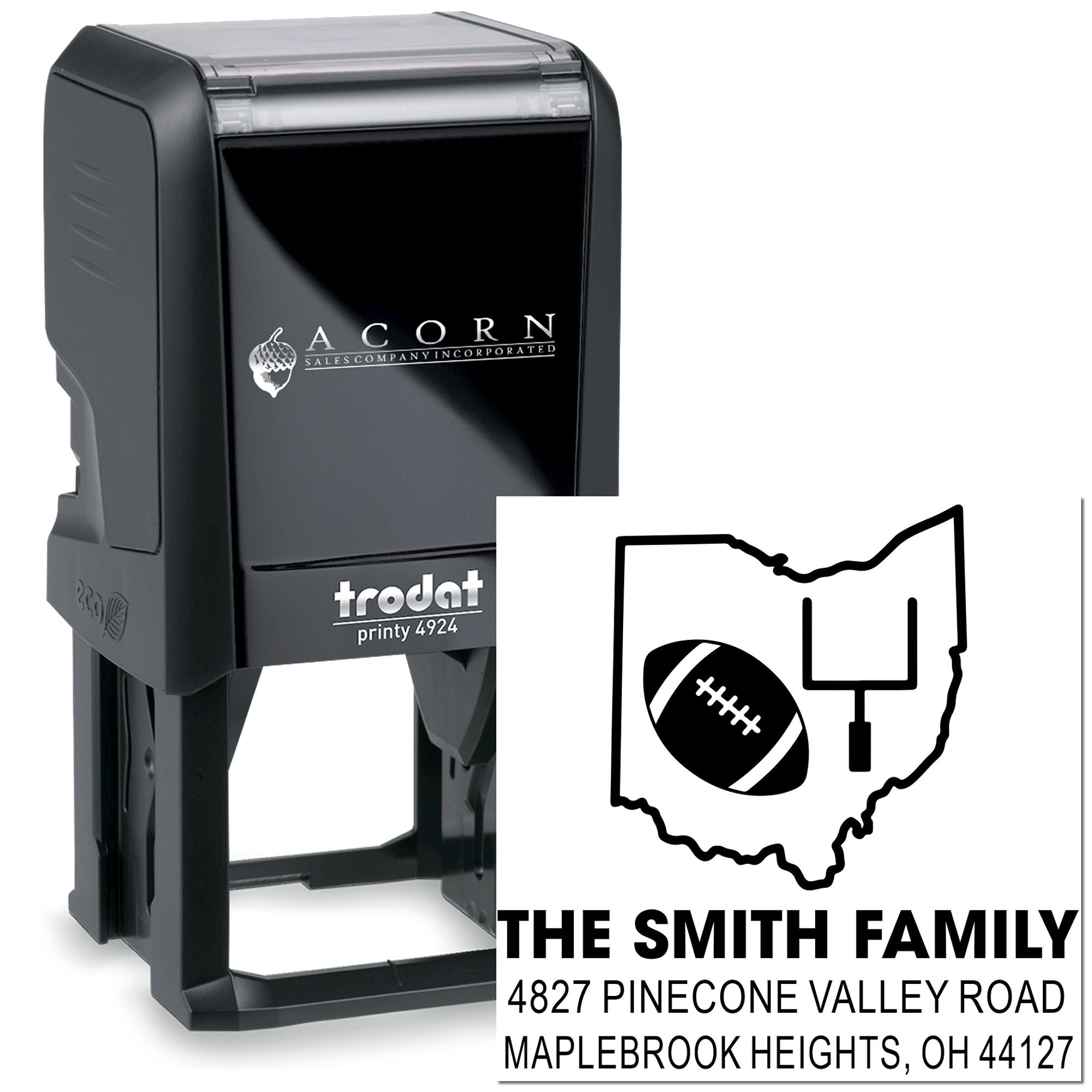 Custom self-inking rubber stamp with football Ohio address design, Trodat Printy 4924 family return address stamp