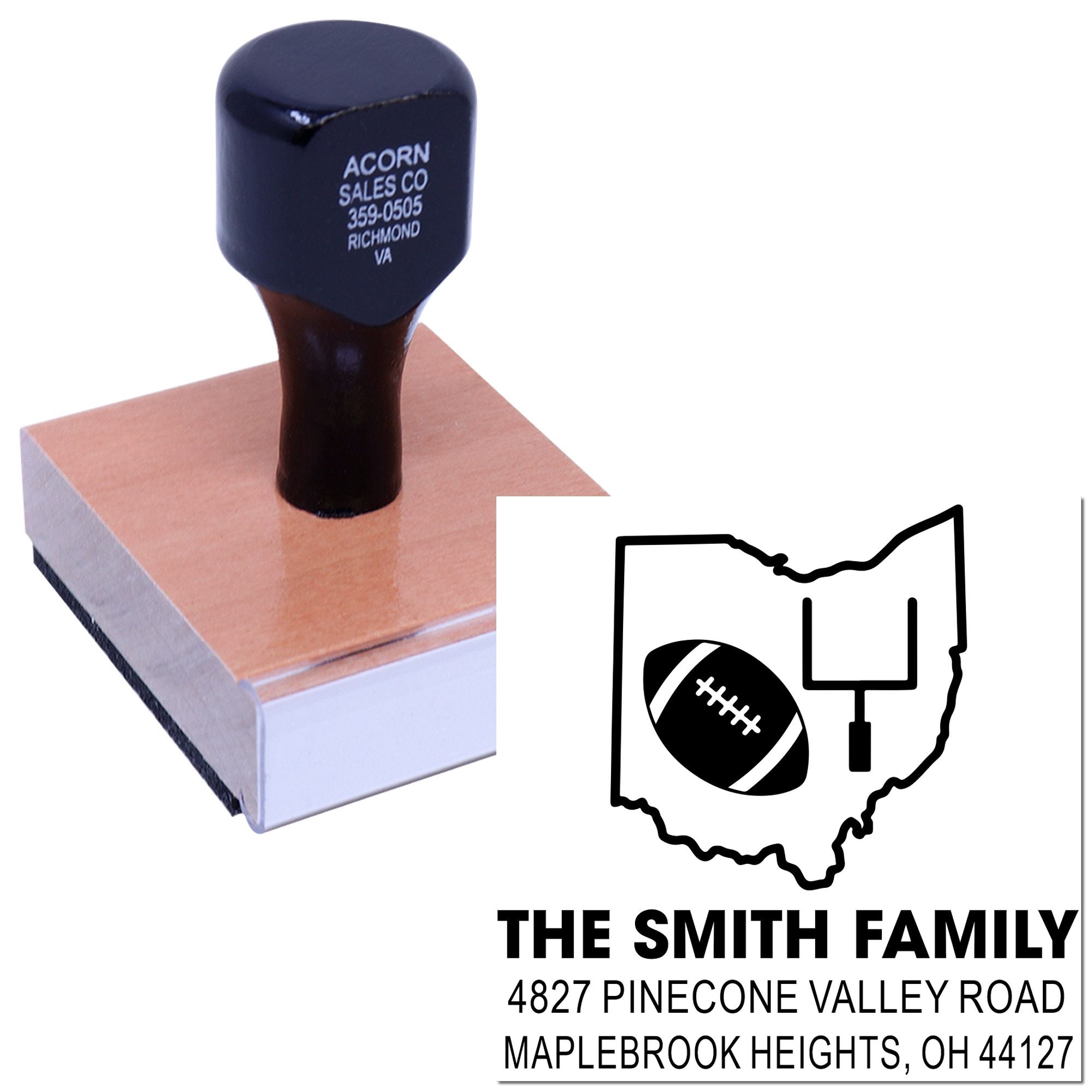 Custom Ohio family address rubber stamp with football icon for personalized return mailing.
