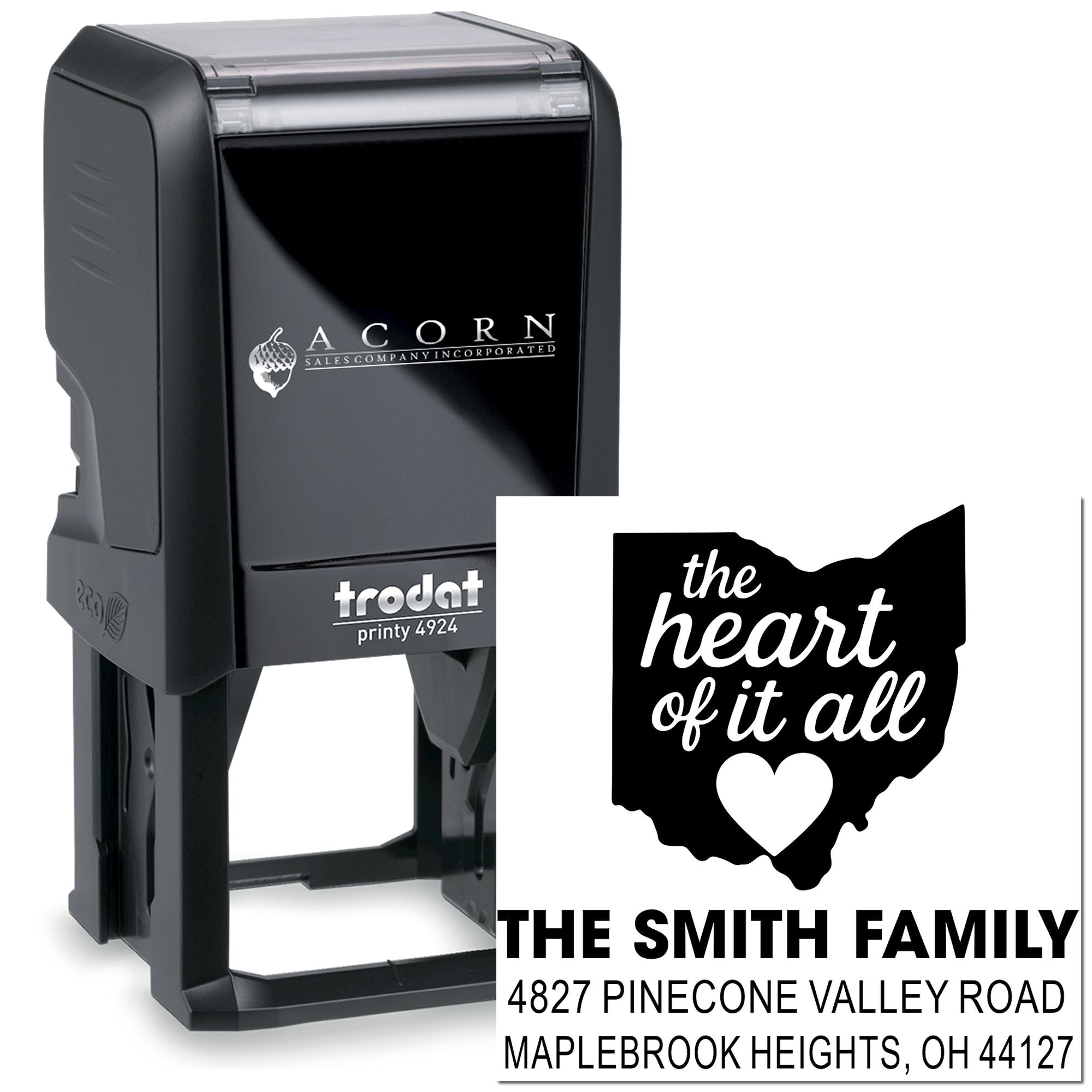 Custom self-inking rubber stamp, Trodat Printy 4924, with Ohio heart design and return address for The Smith Family
