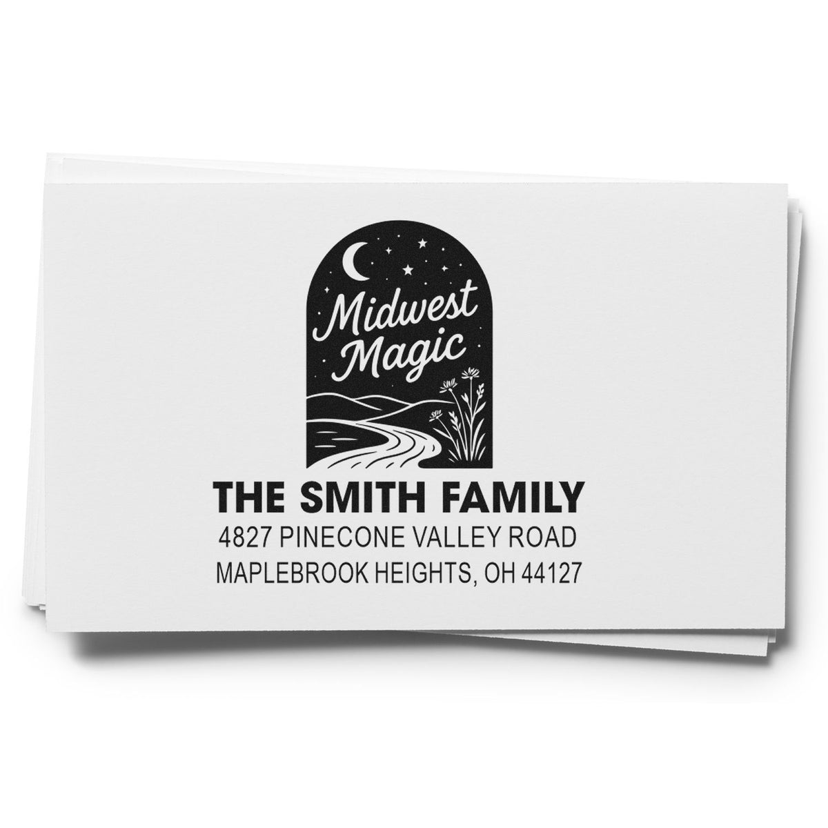Custom family address rubber stamp with Midwest Magic logo, The Smith Family return address design for Maplebrook Heights, OH.