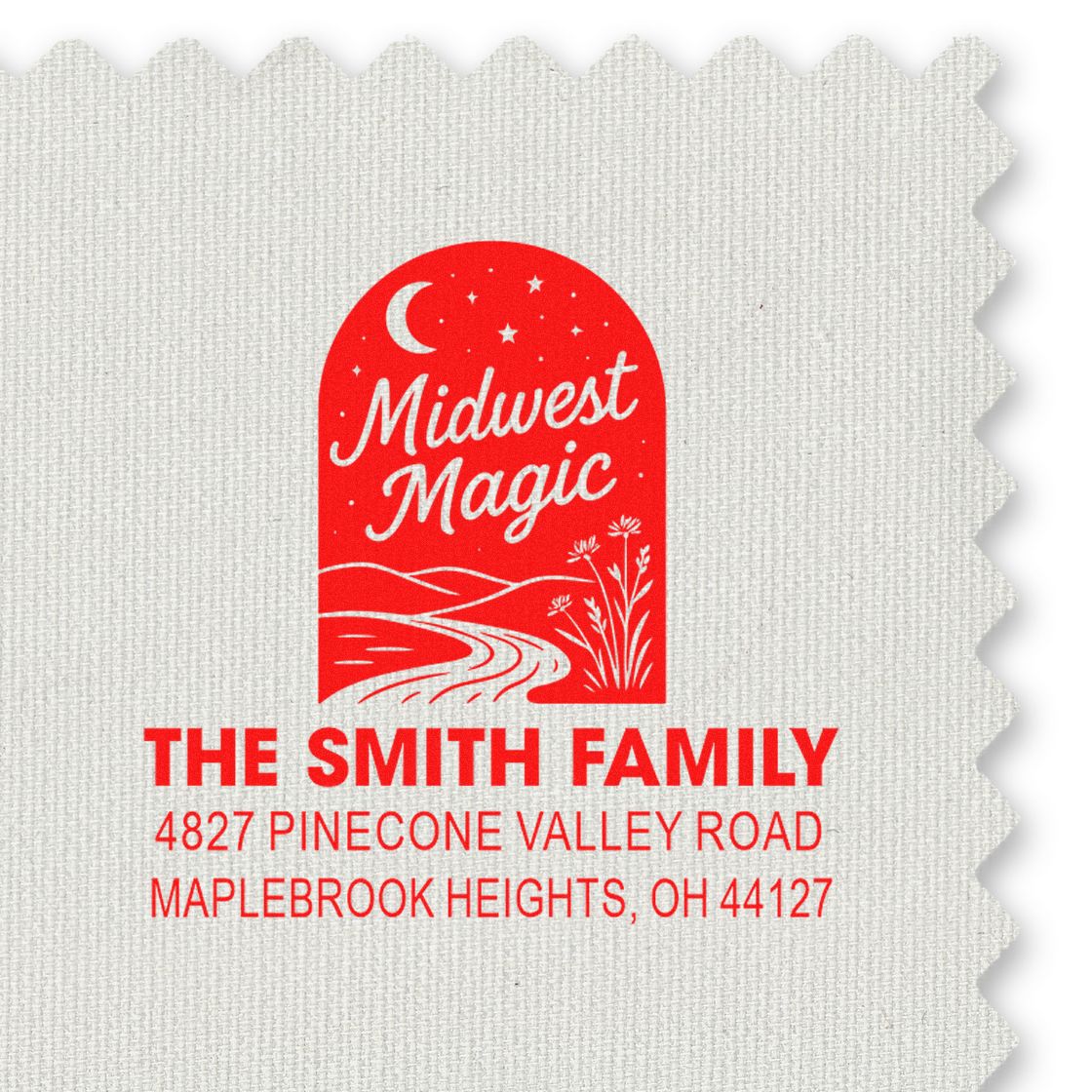 Custom Midwest Magic family address rubber stamp with The Smith Family, Maplebrook Heights, Ohio return address.