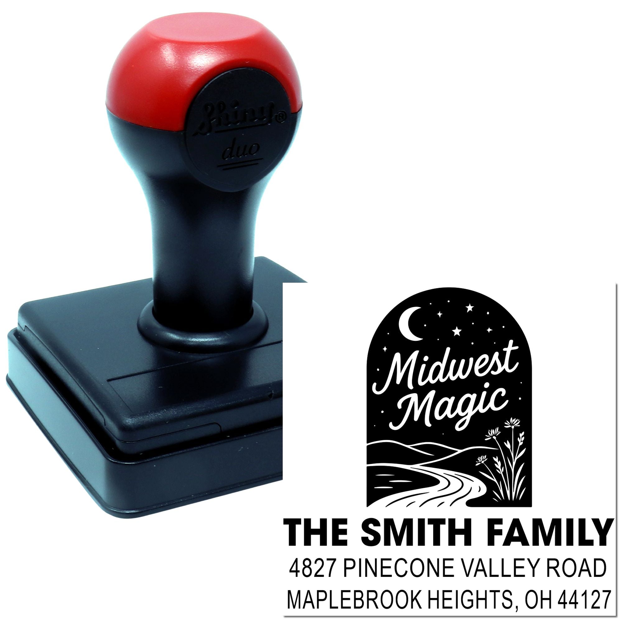 Self-inking rubber stamp with Midwest Magic custom return address design for personalized family mailings.