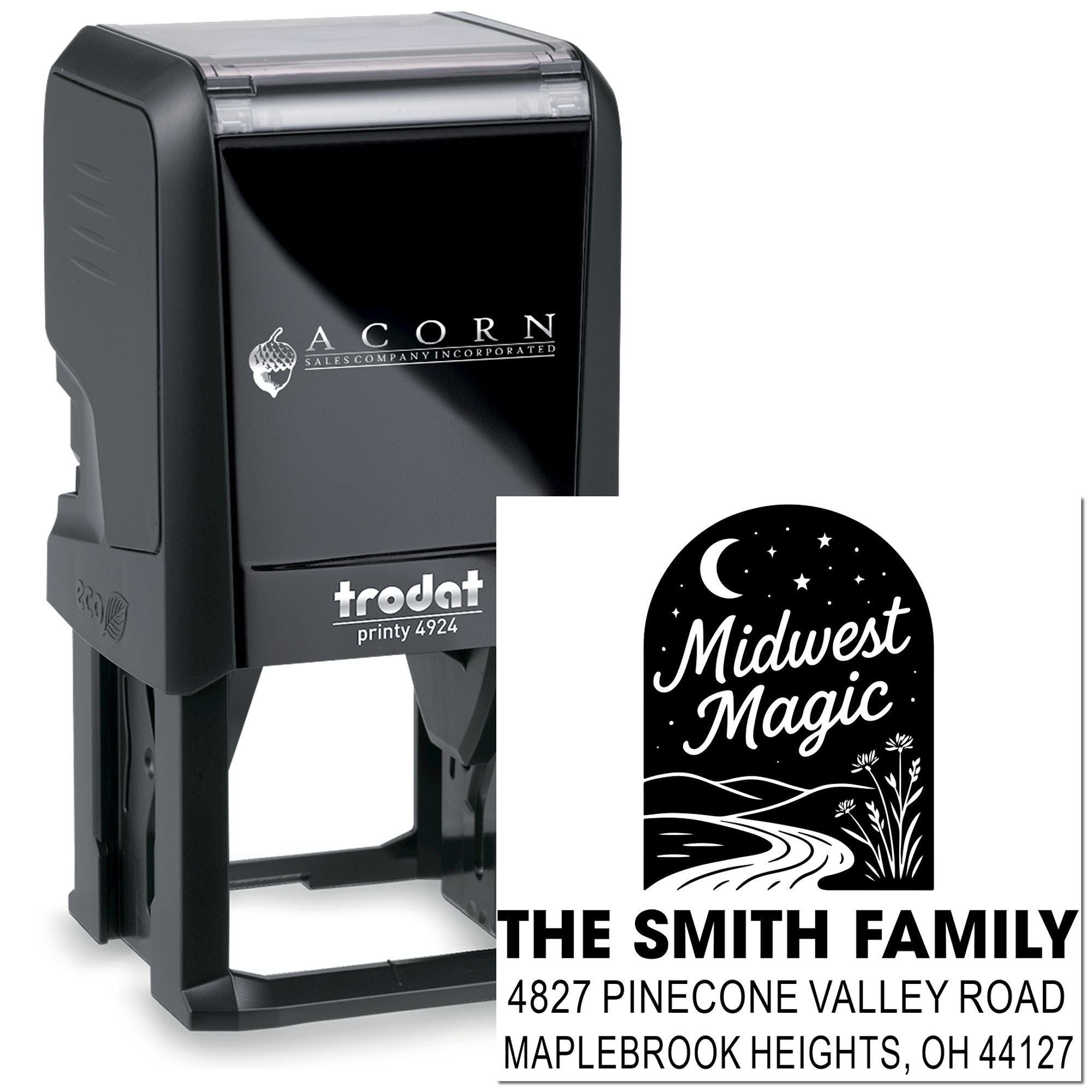 Custom self-inking rubber address stamp with Midwest Magic holiday design for The Smith Family mailing use.
