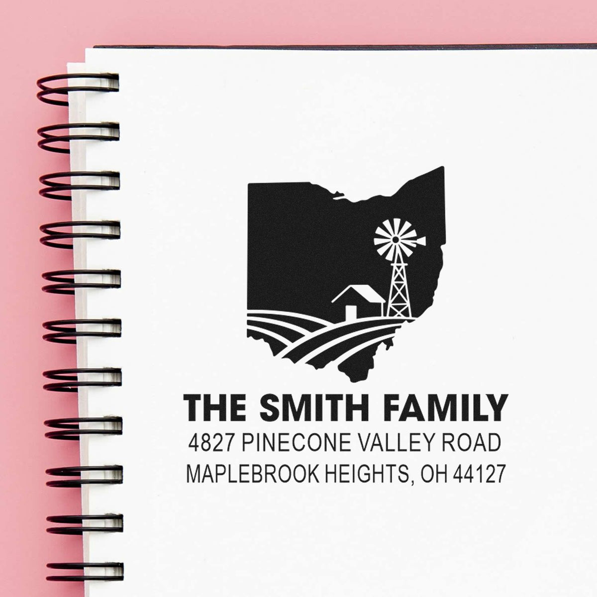 Personalized return address rubber stamp for The Smith Family, with Ohio farmhouse, windmill and farmland logo.