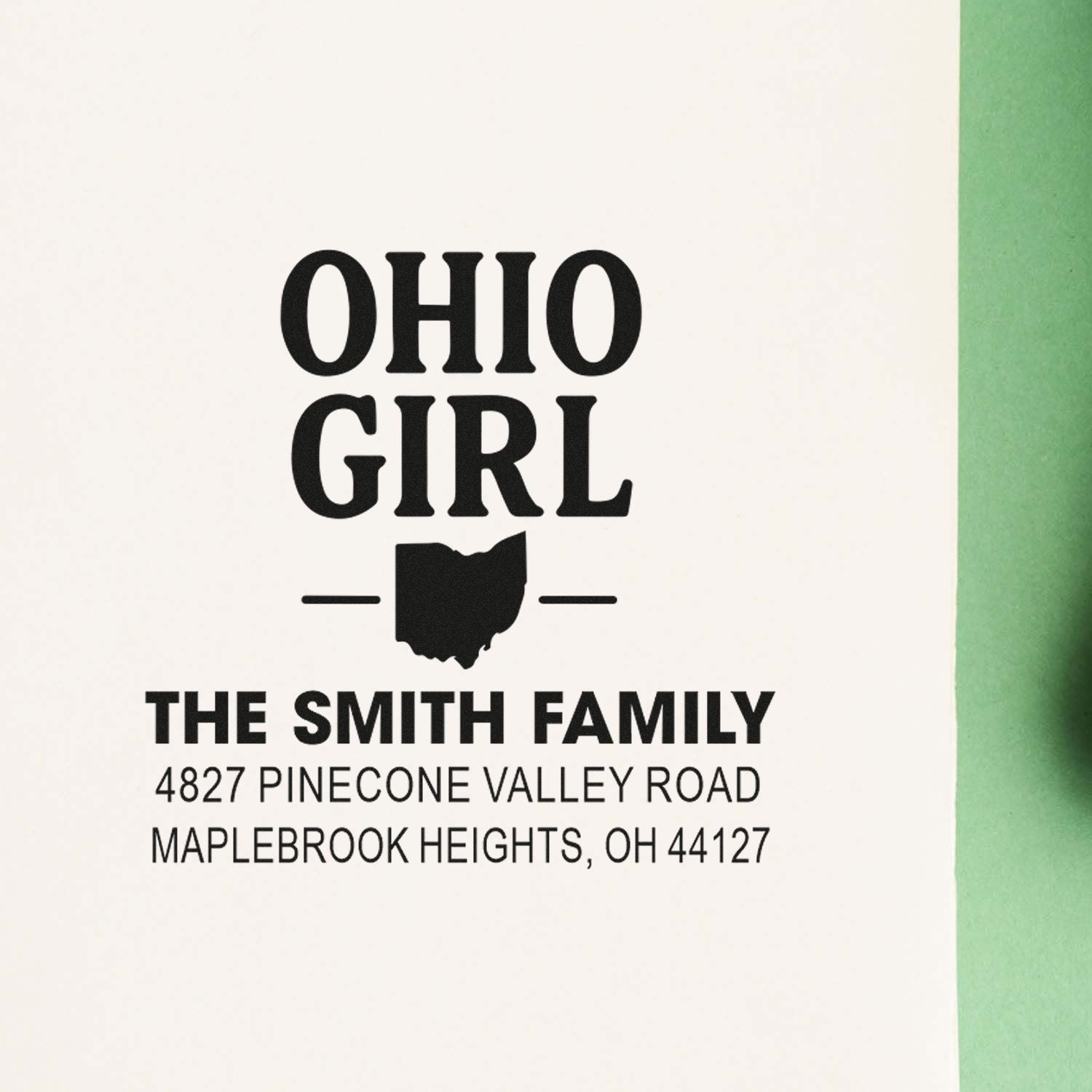 Custom Ohio Girl return address rubber stamp for The Smith Family, featuring an Ohio silhouette and personalized home address.