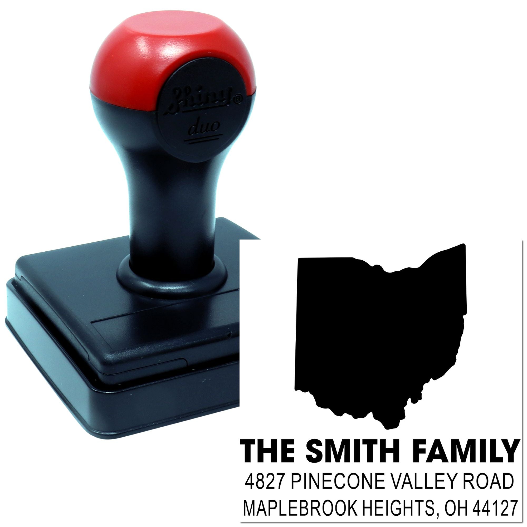 Custom self-inking rubber address stamp with Ohio state silhouette, family name, and return mailing address.