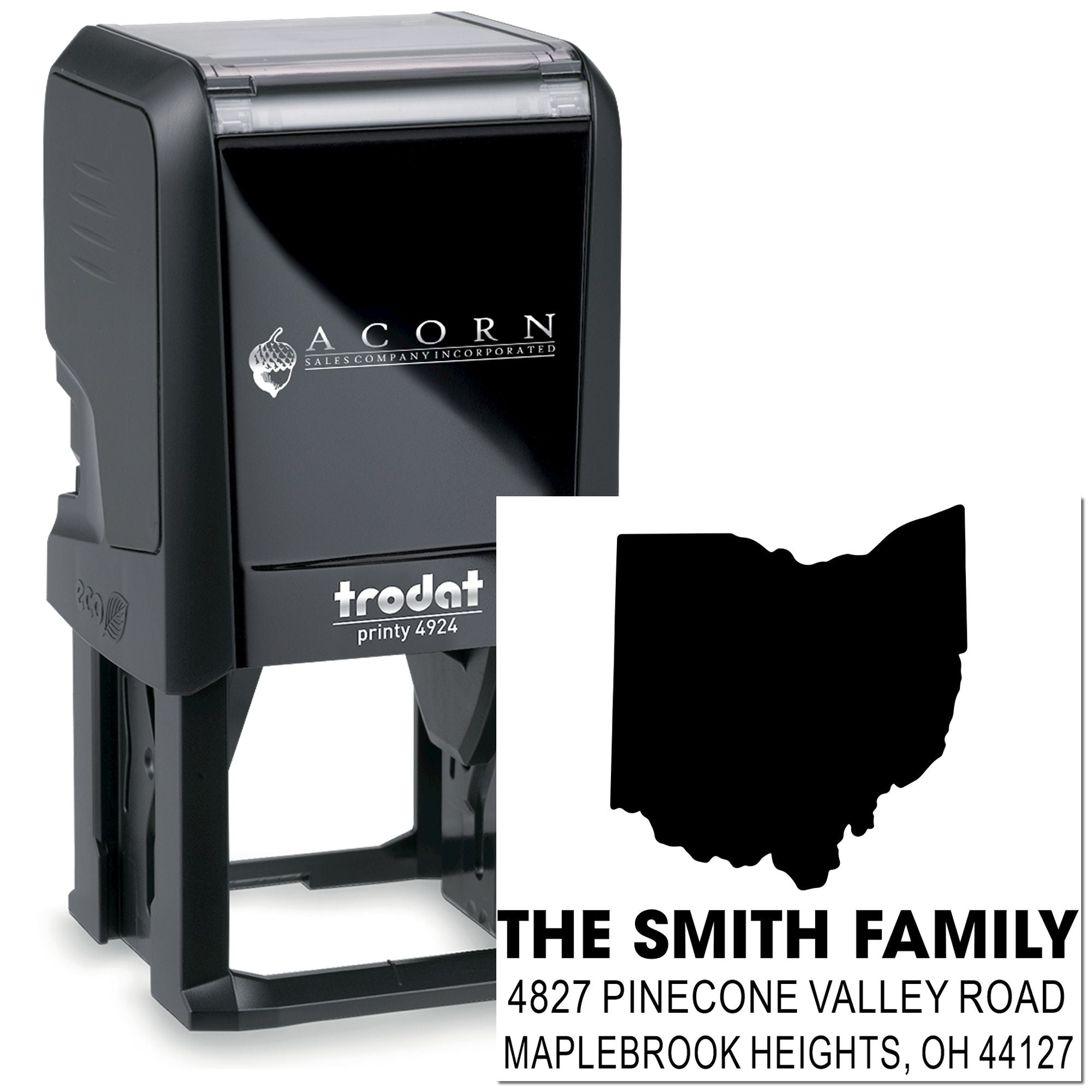 Custom self-inking rubber stamp with personalized Ohio return address for The Smith Family mailings