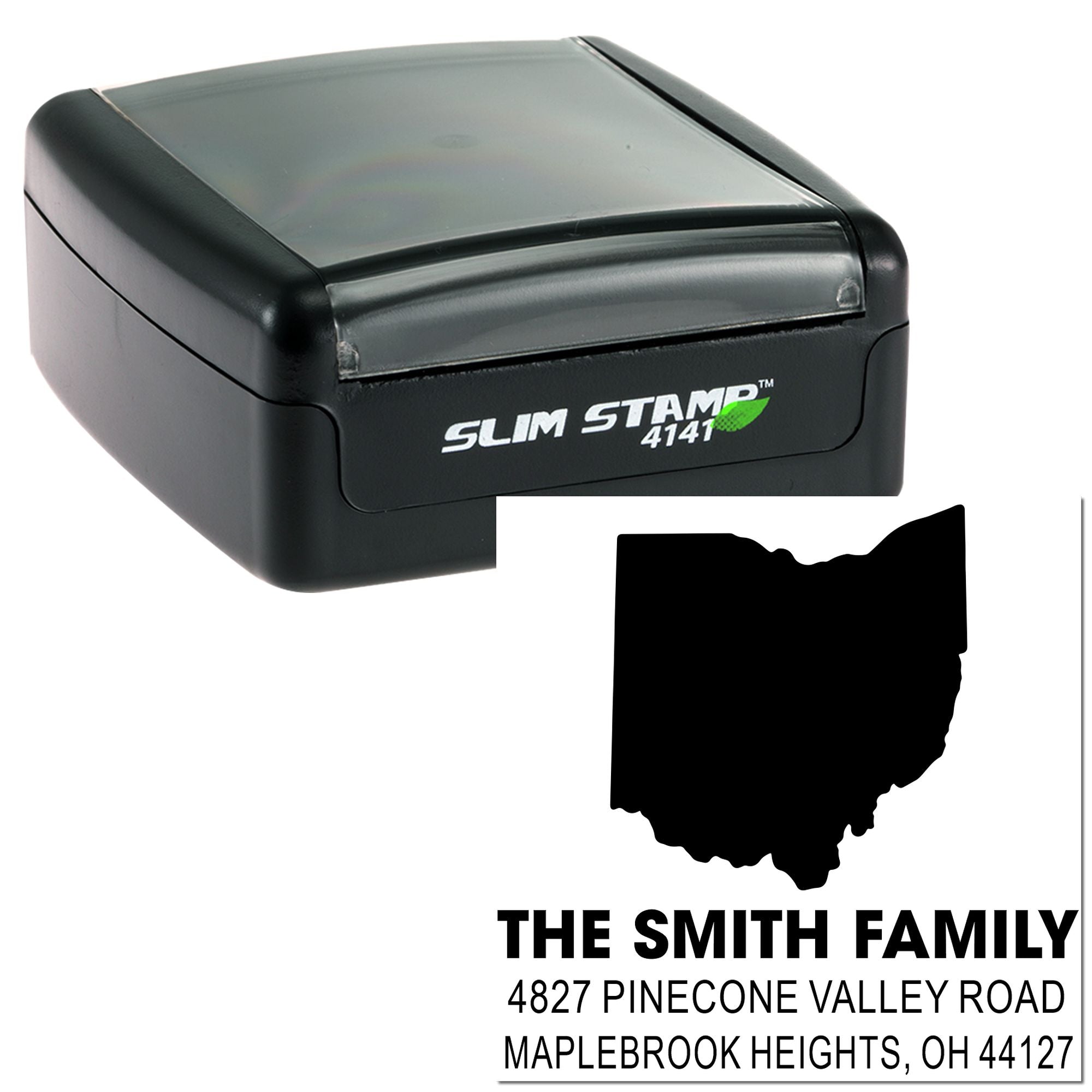 Custom self-inking Ohio return address rubber stamp with family name and mailing address.