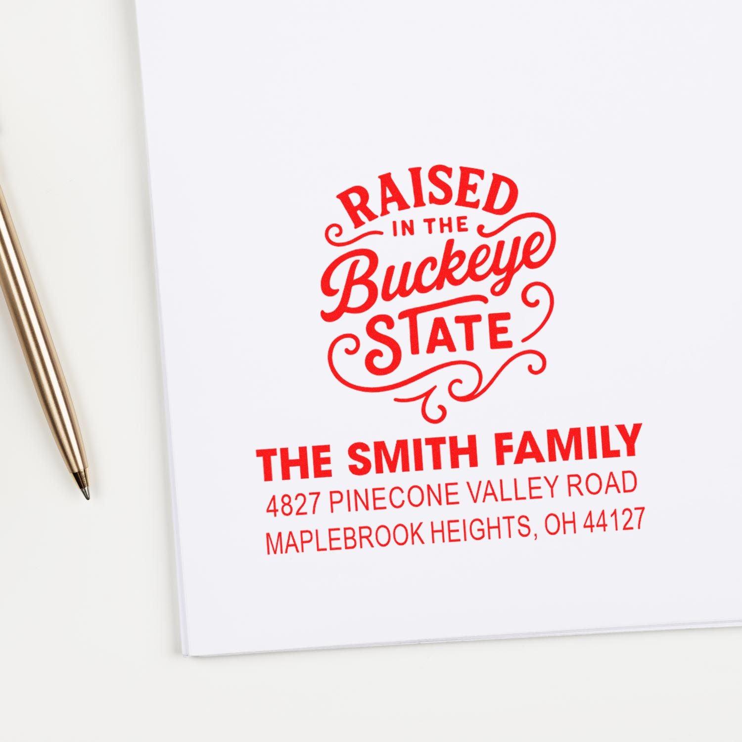 Custom Ohio return address rubber stamp with Raised in the Buckeye State design for The Smith Family.
