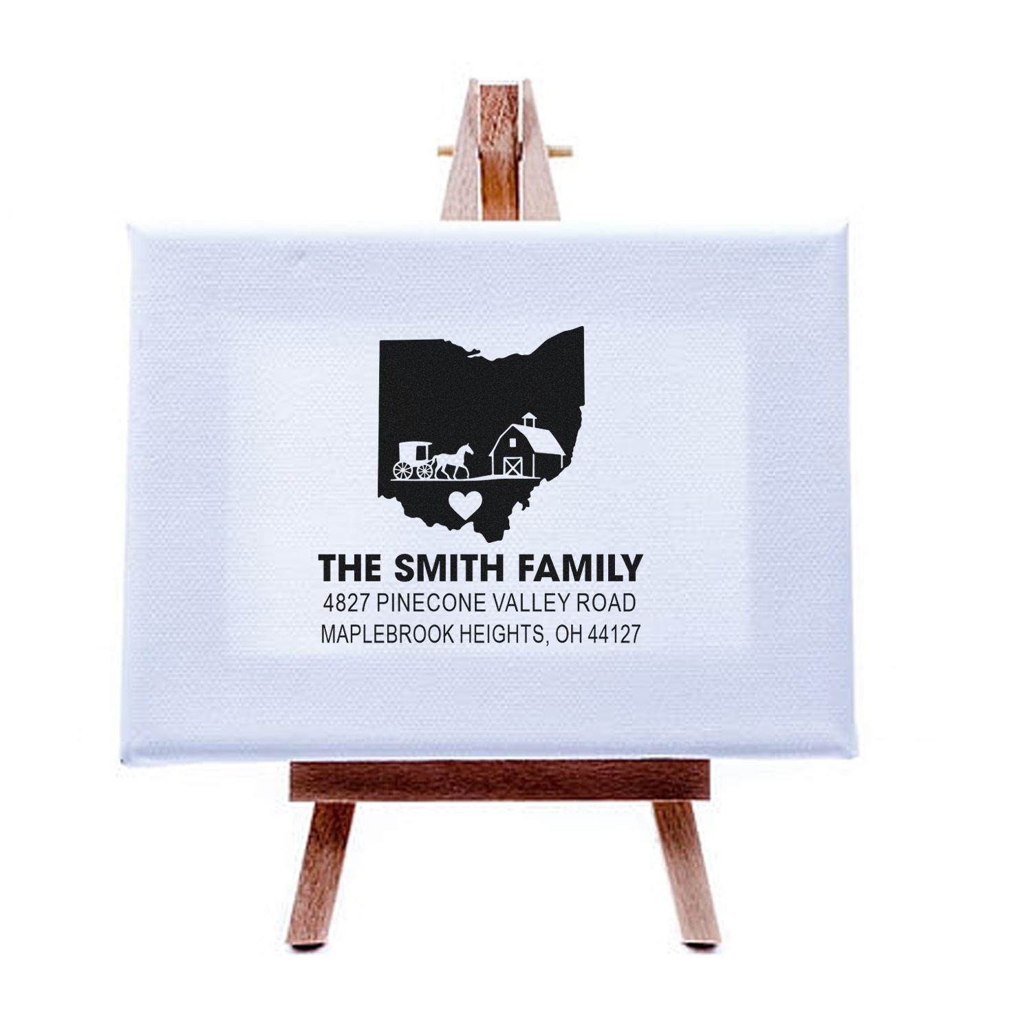 Personalized Ohio family return address rubber stamp with barn, horse and state silhouette design