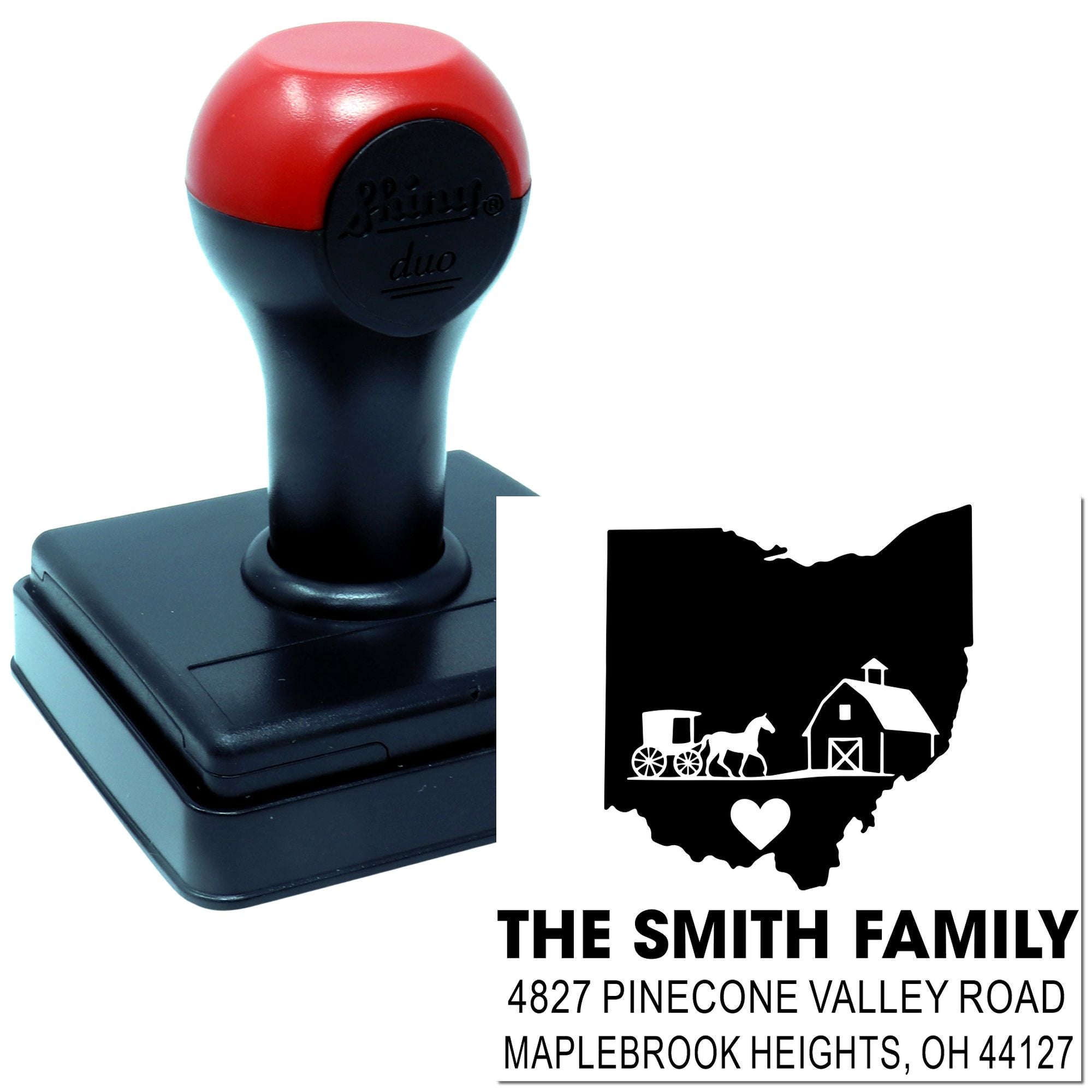 Custom self-inking return address rubber stamp with Ohio family farm design for personalized mailings.