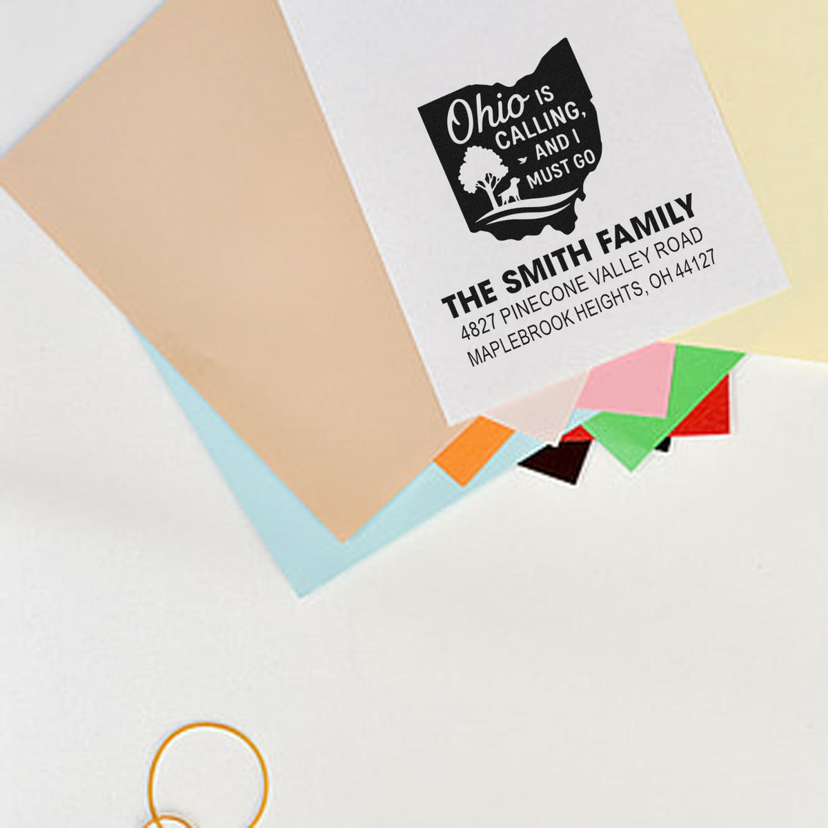 Custom Ohio family address rubber stamp with state silhouette and personalized return address for envelopes.