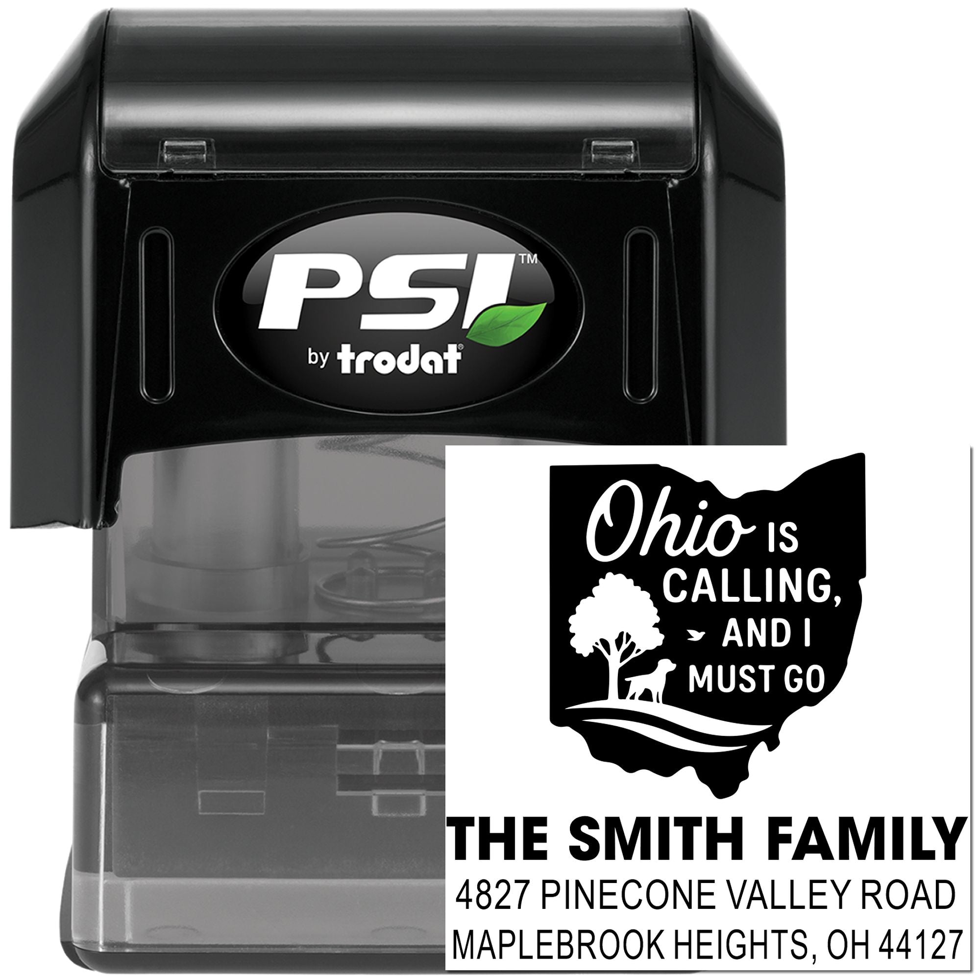 Custom Ohio return address rubber stamp with family name, address, and state design for personalized mailing.