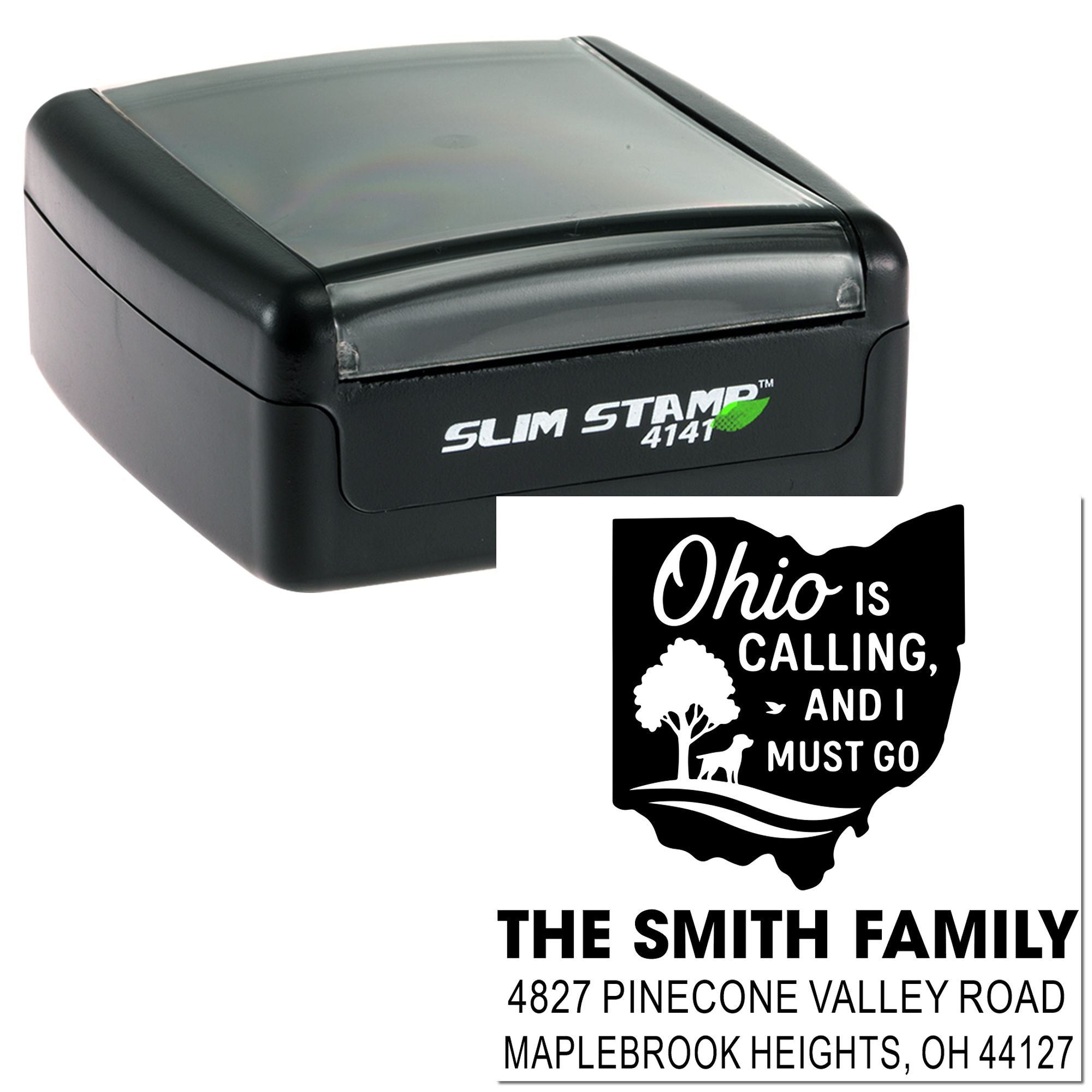 Custom Ohio state return address rubber stamp with self-inking Slim Stamp and Smith family address.