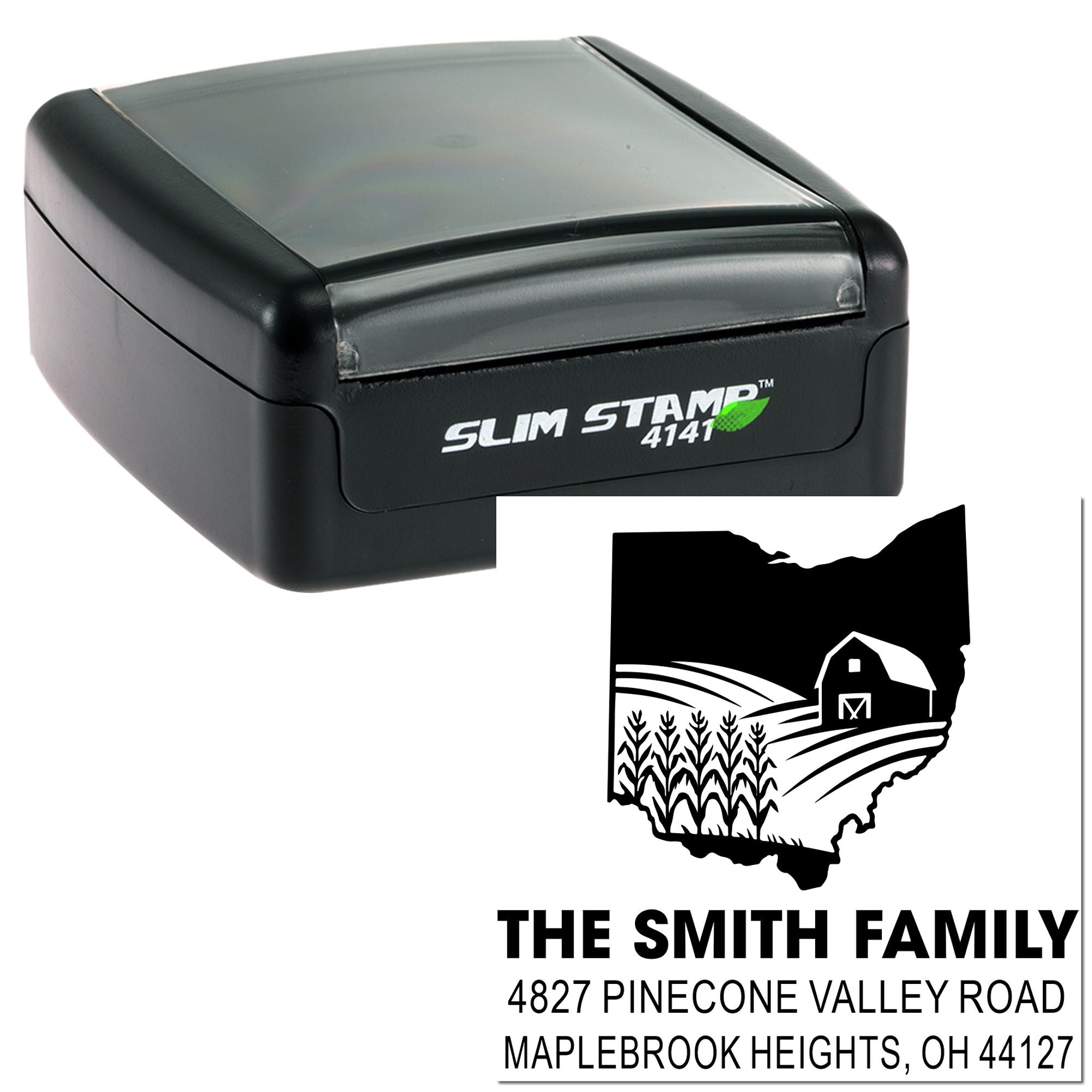 Custom self-inking slim rubber address stamp with farm logo for The Smith Family, Maplebrook Heights, OH.