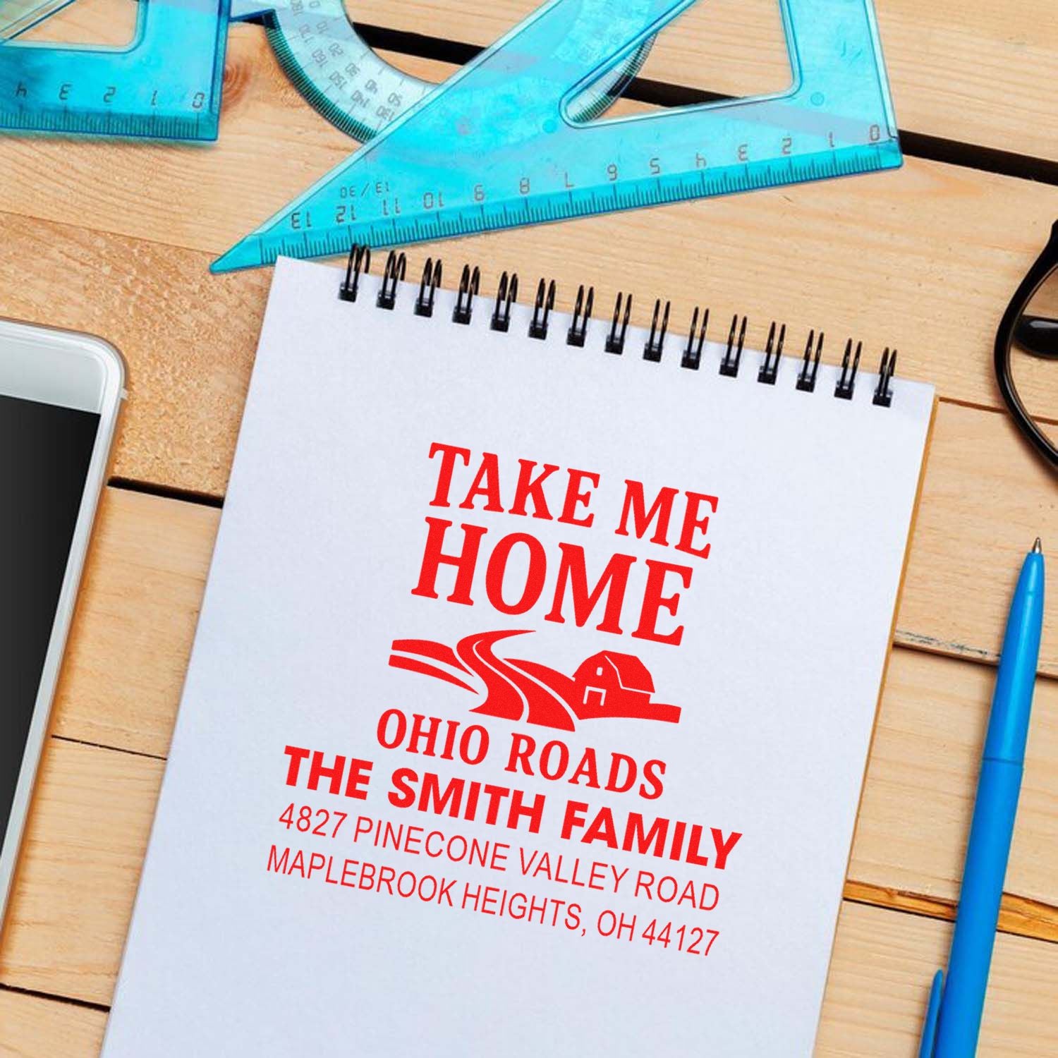 Custom family address rubber stamp impression with Take Me Home Ohio Roads text and Ohio mailing address.