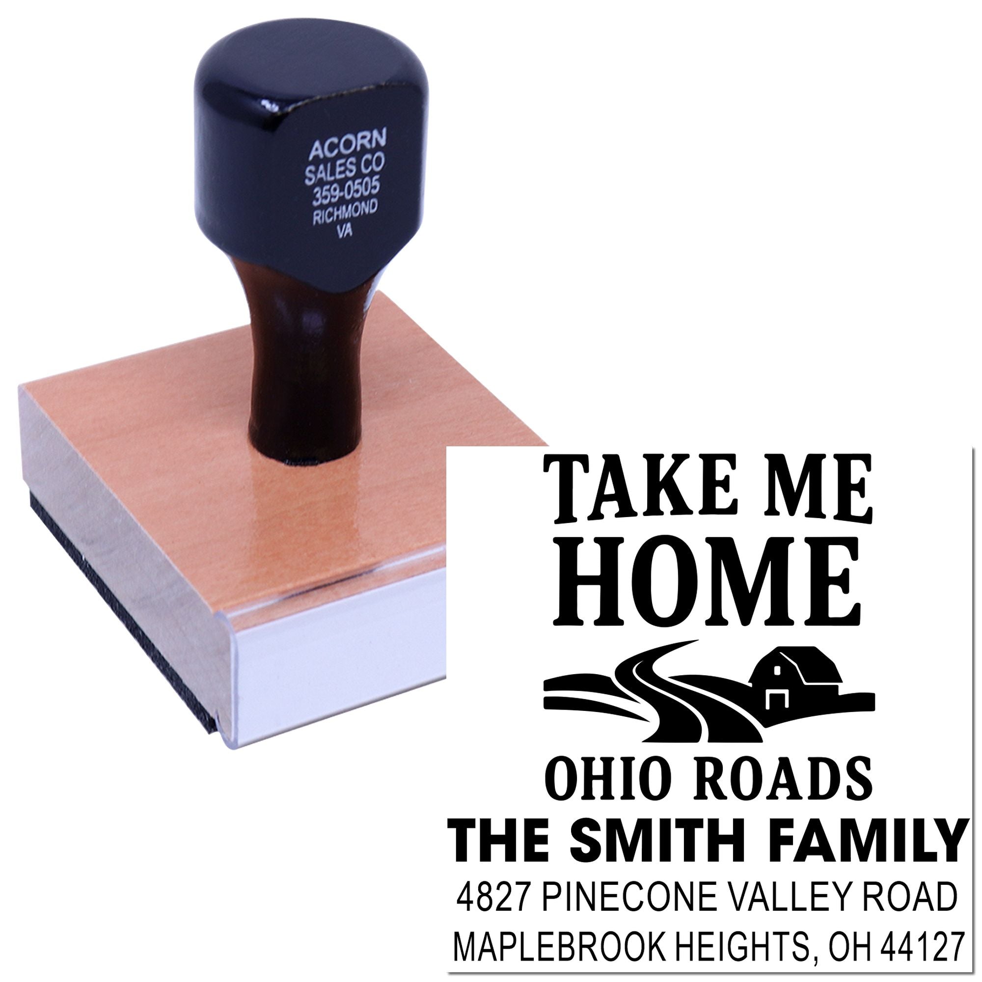 Custom return address rubber stamp with Take Me Home Ohio Roads design for The Smith Family home address.