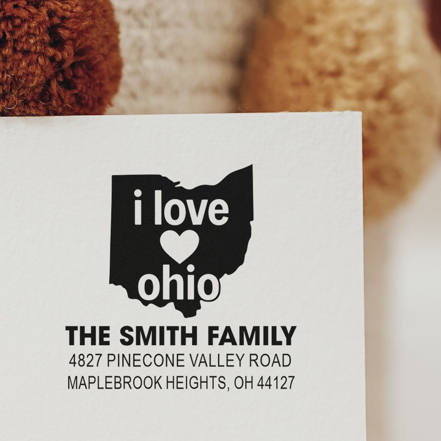 Custom Ohio family address rubber stamp with I love Ohio design for personalized mail, stationery, and business branding.