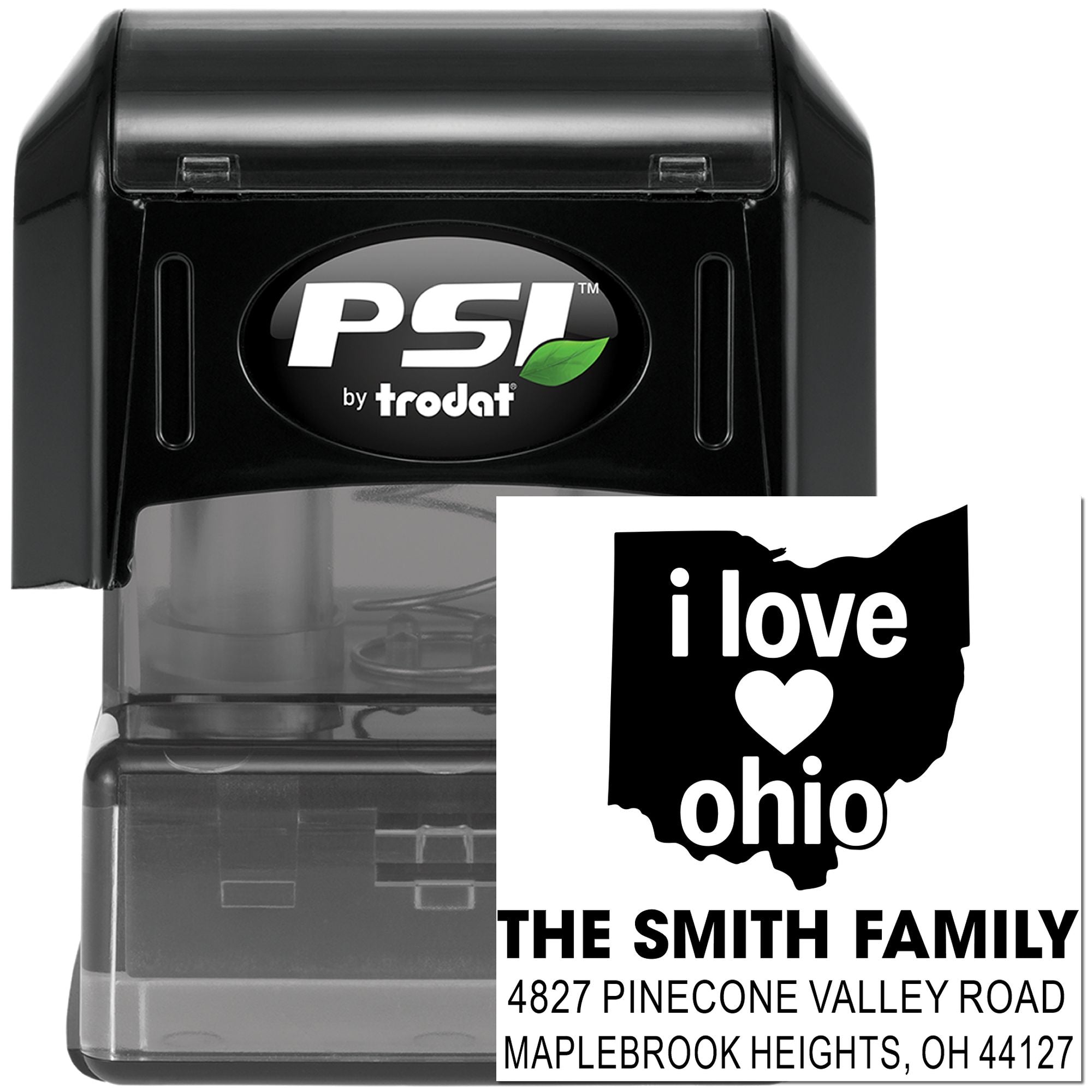 Custom self-inking Ohio address rubber stamp by PSI Trodat with family name and mailing address imprint.