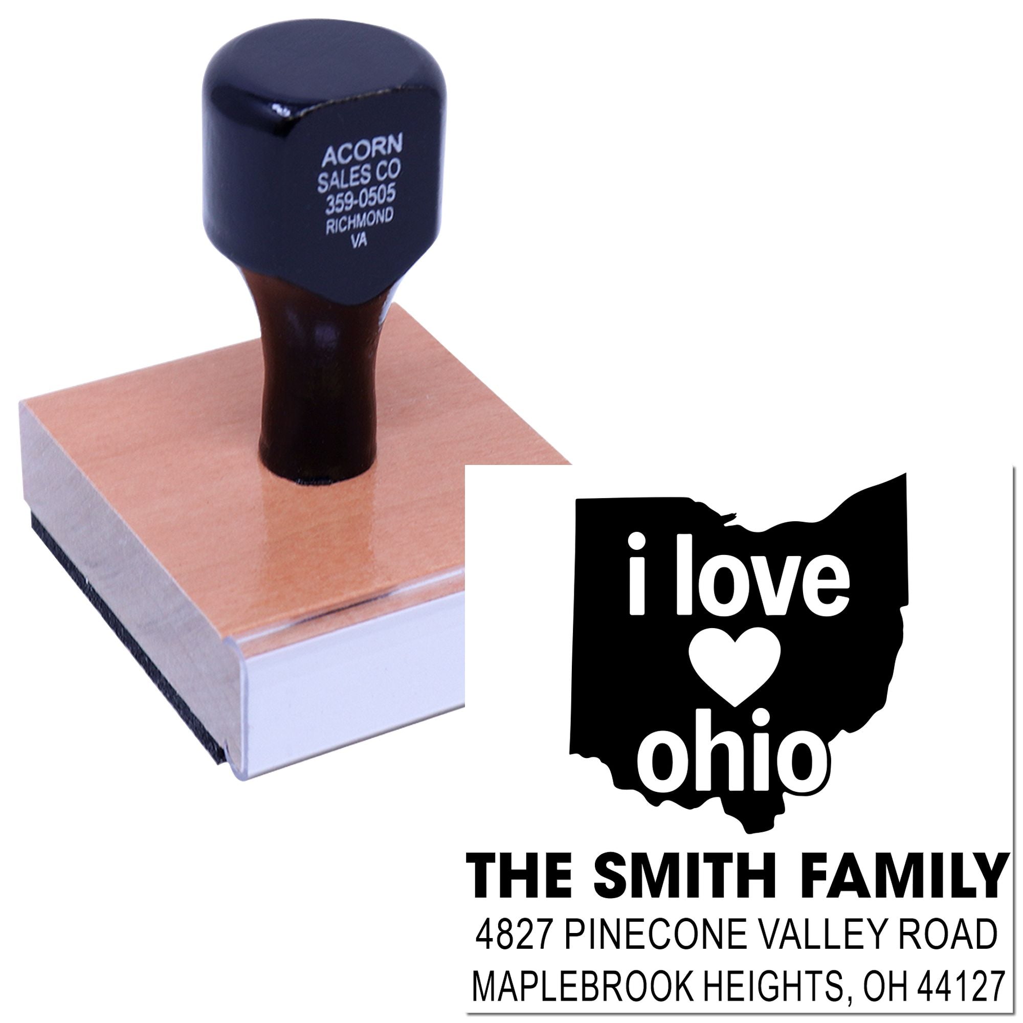 Custom rubber stamp with Ohio design and personalized family address for mailing, crafts, and home branding.