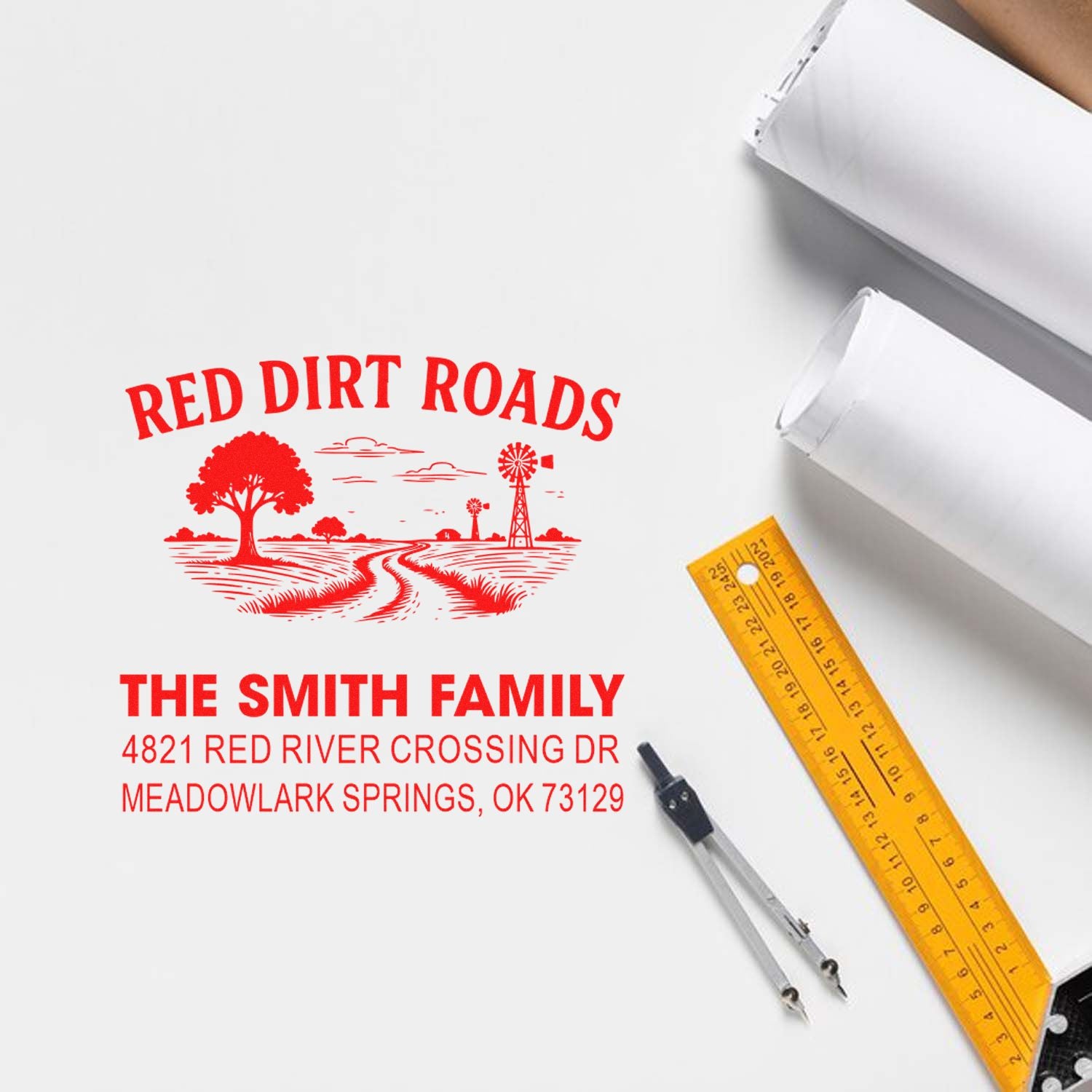 Custom return address rubber stamp with Red Dirt Roads design for The Smith Family, featuring name and mailing address.