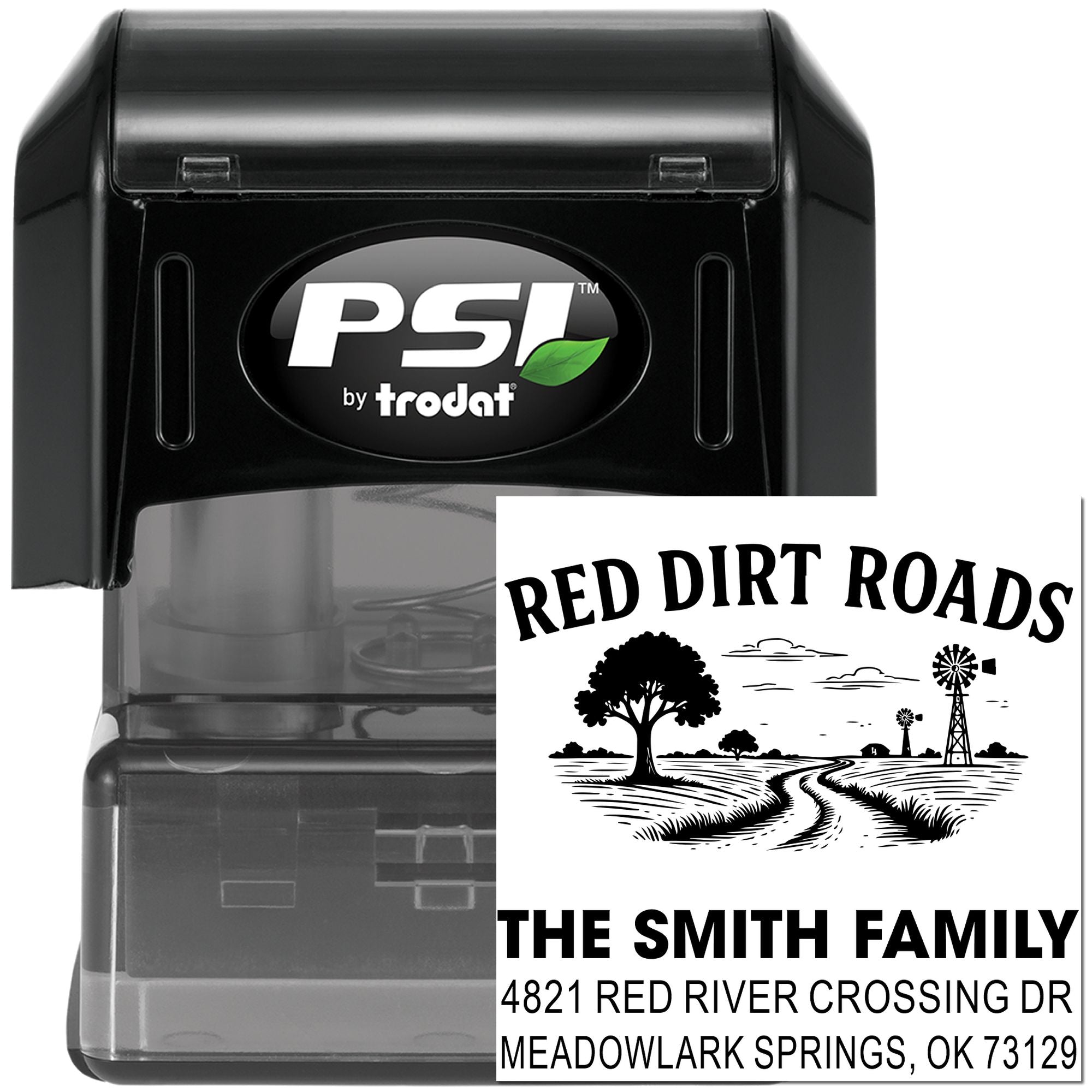 Custom self-inking rubber address stamp with Red Dirt Roads design, family name, and Oklahoma mailing address by PSI by trodat.