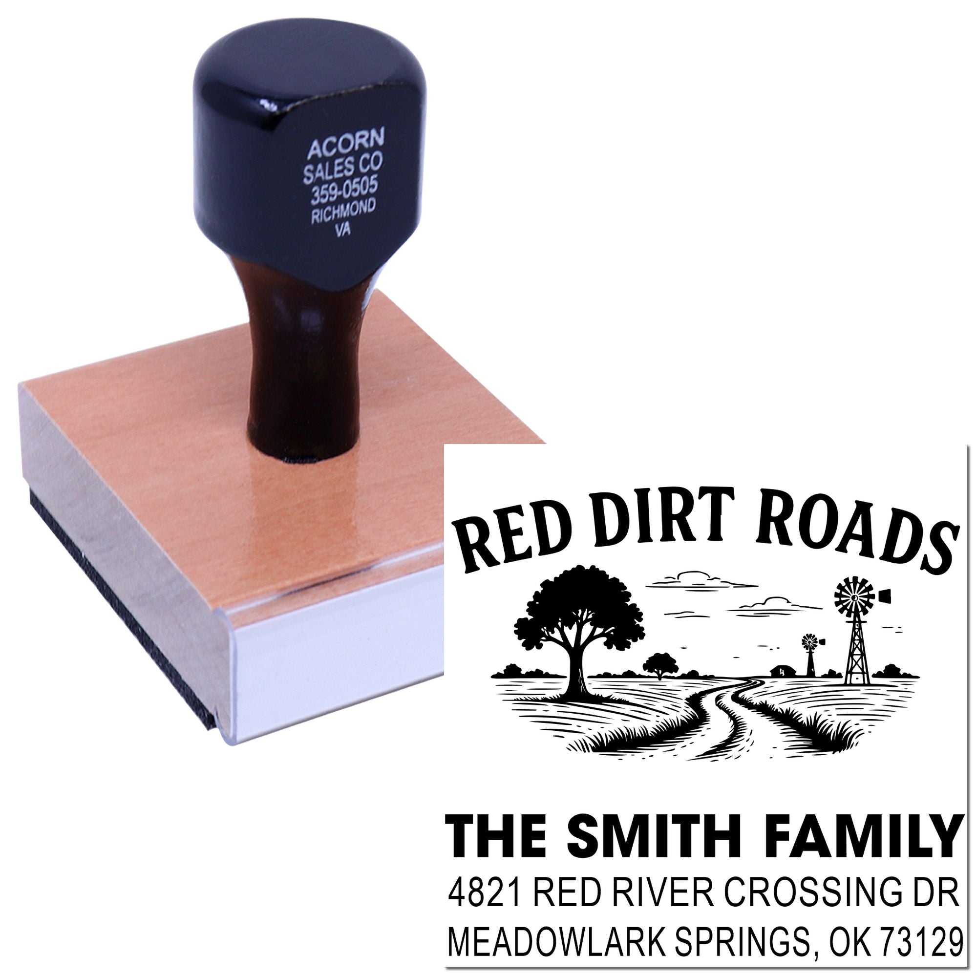 Custom rubber address stamp with personalized family return address and Red Dirt Roads design sample imprint.