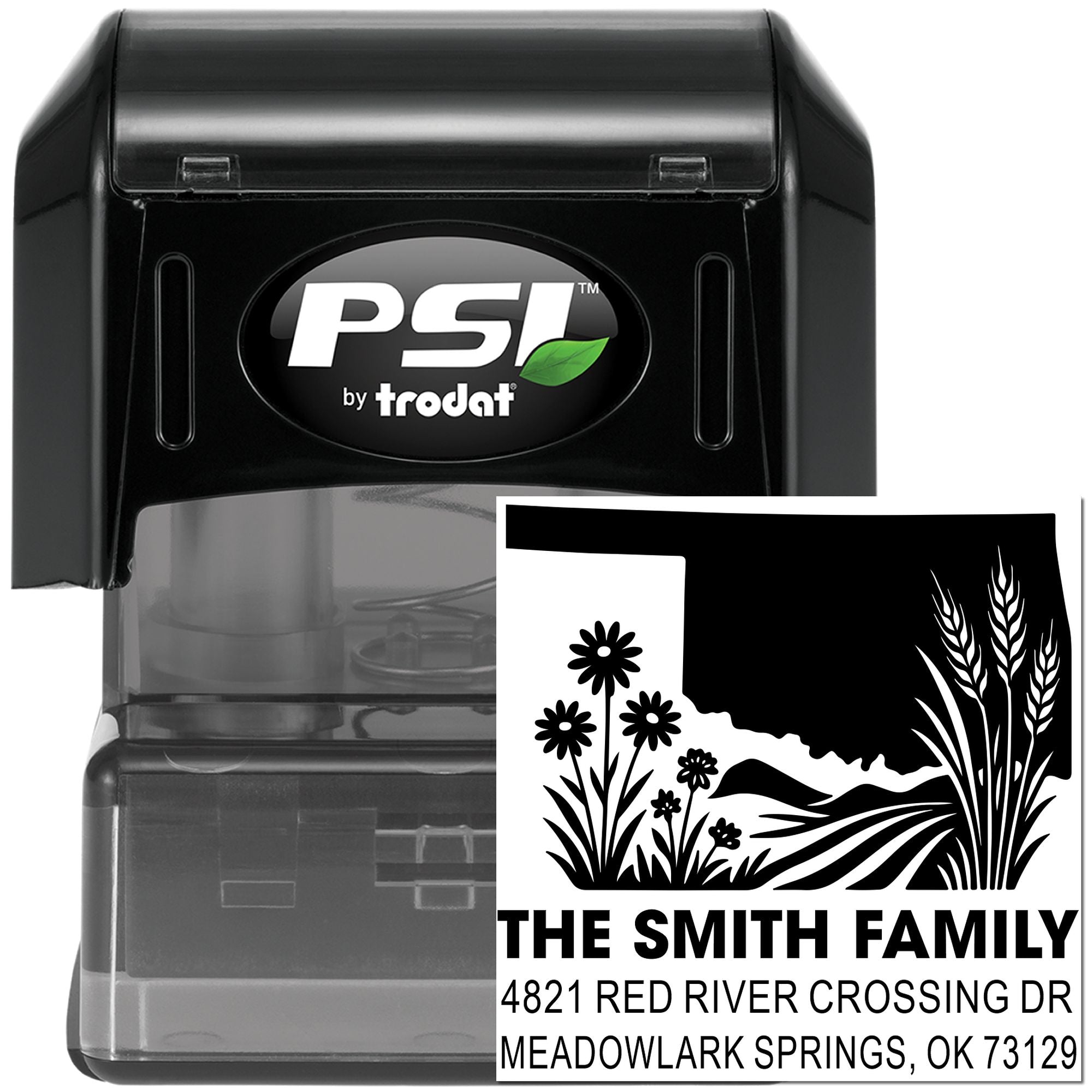Custom self-inking return address rubber stamp by PSI Trodat with The Smith Family address design