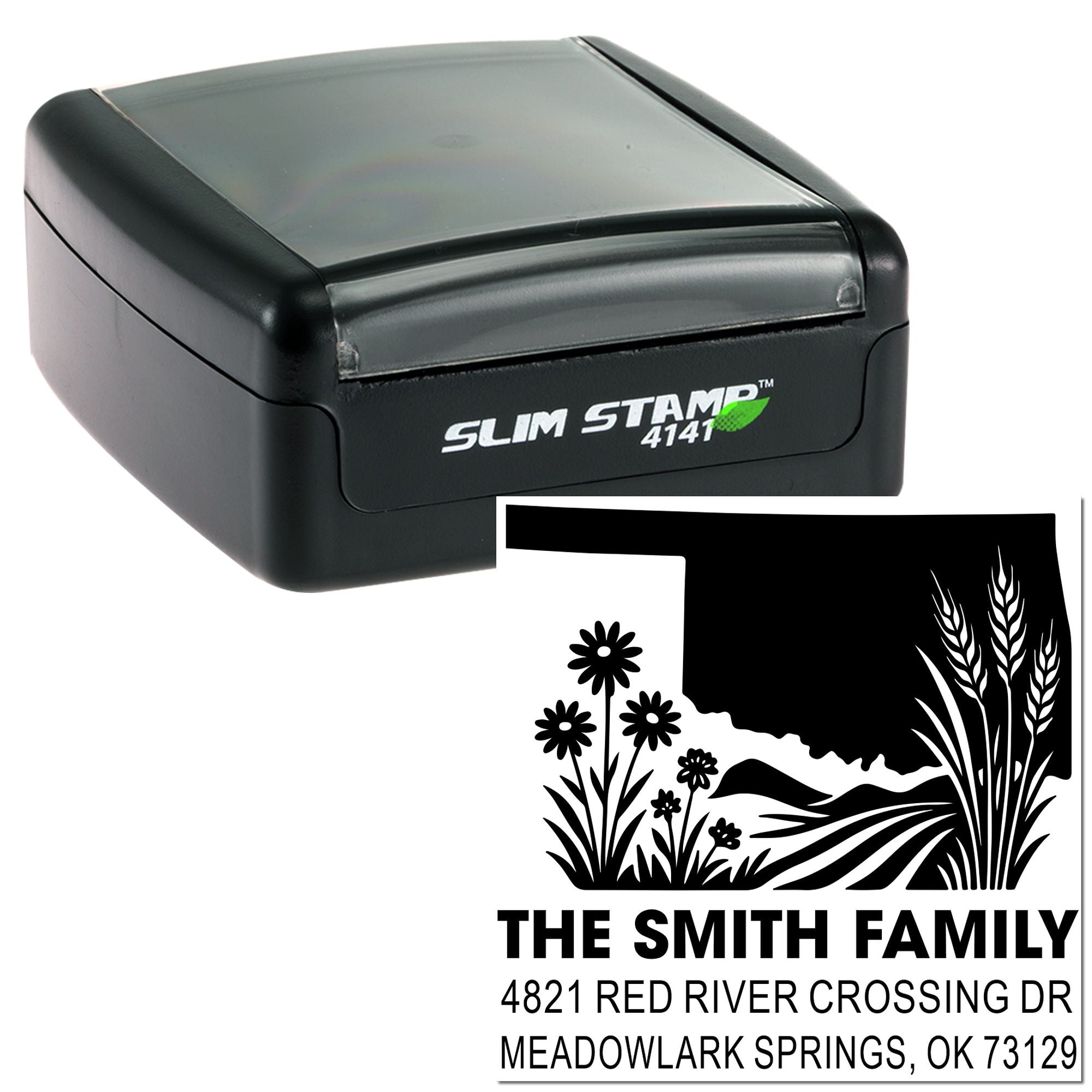 Self-inking slim rubber address stamp for The Smith Family with custom floral return address design for mailing envelopes.