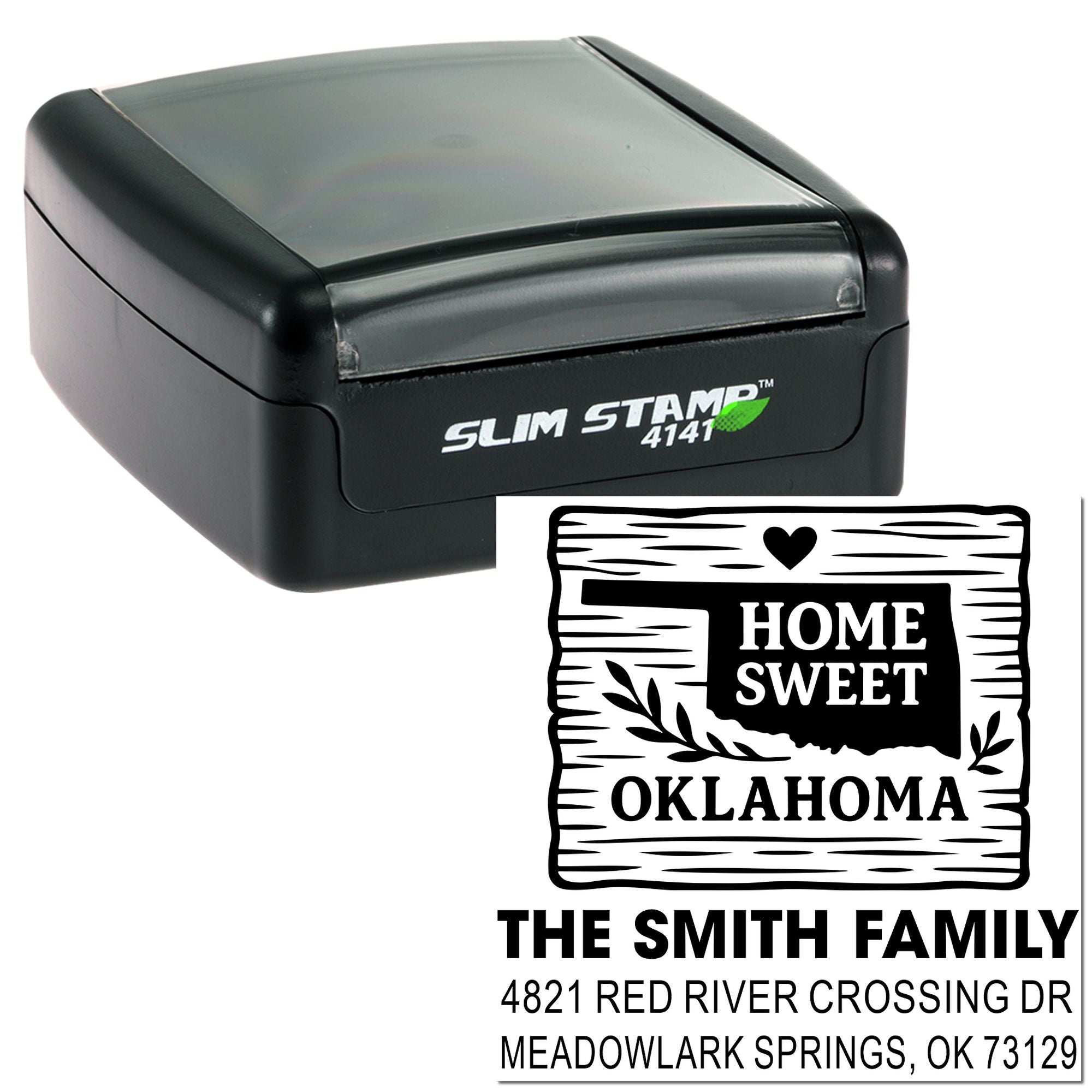 Personalized Slim Stamp rubber stamp with Home Sweet Oklahoma design, family name, and custom address for mailing.
