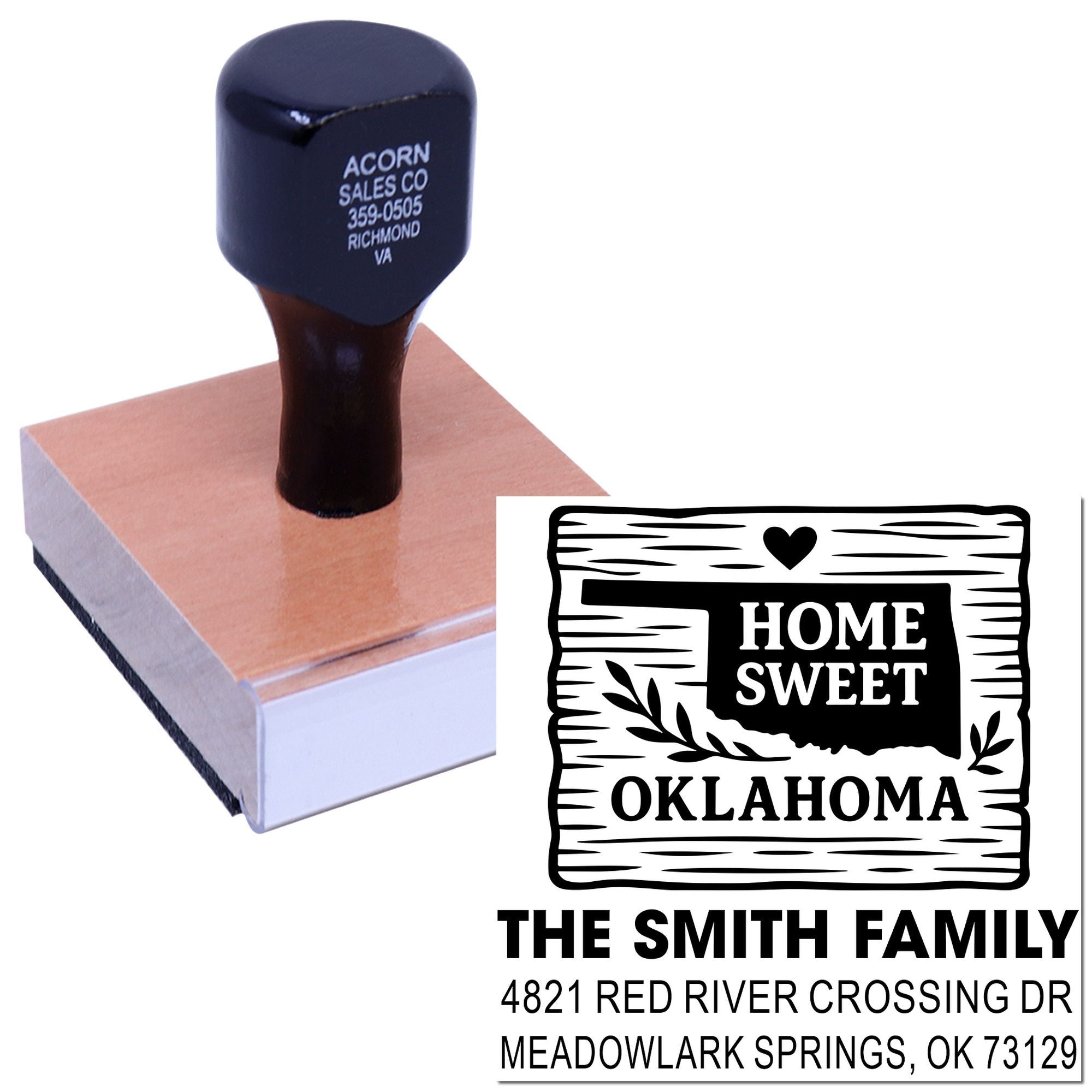 Custom return address rubber stamp with "Home Sweet Oklahoma" design for The Smith Family.