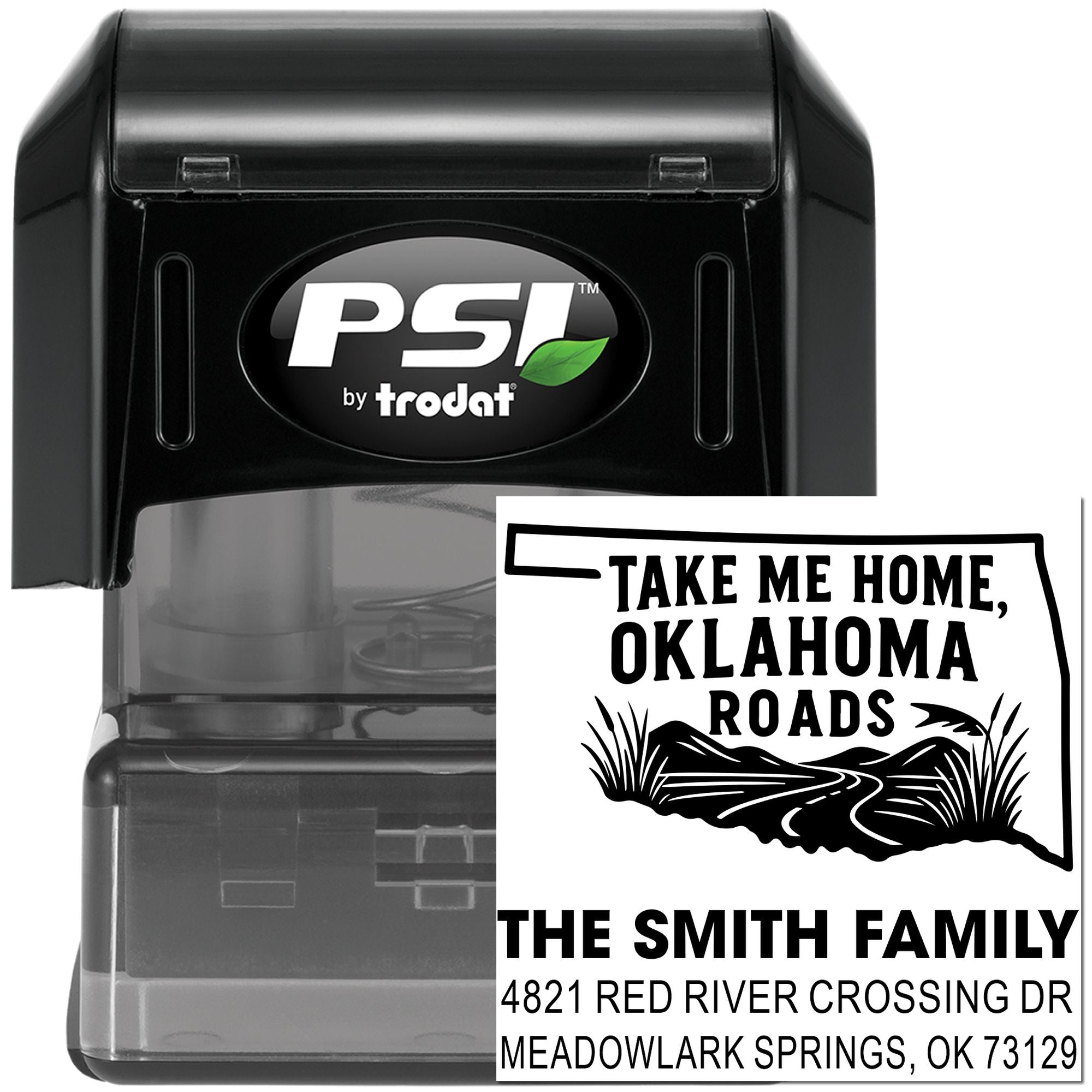 PSI by Trodat self-inking rubber stamp with custom Oklahoma return address and Take Me Home, Oklahoma Roads design