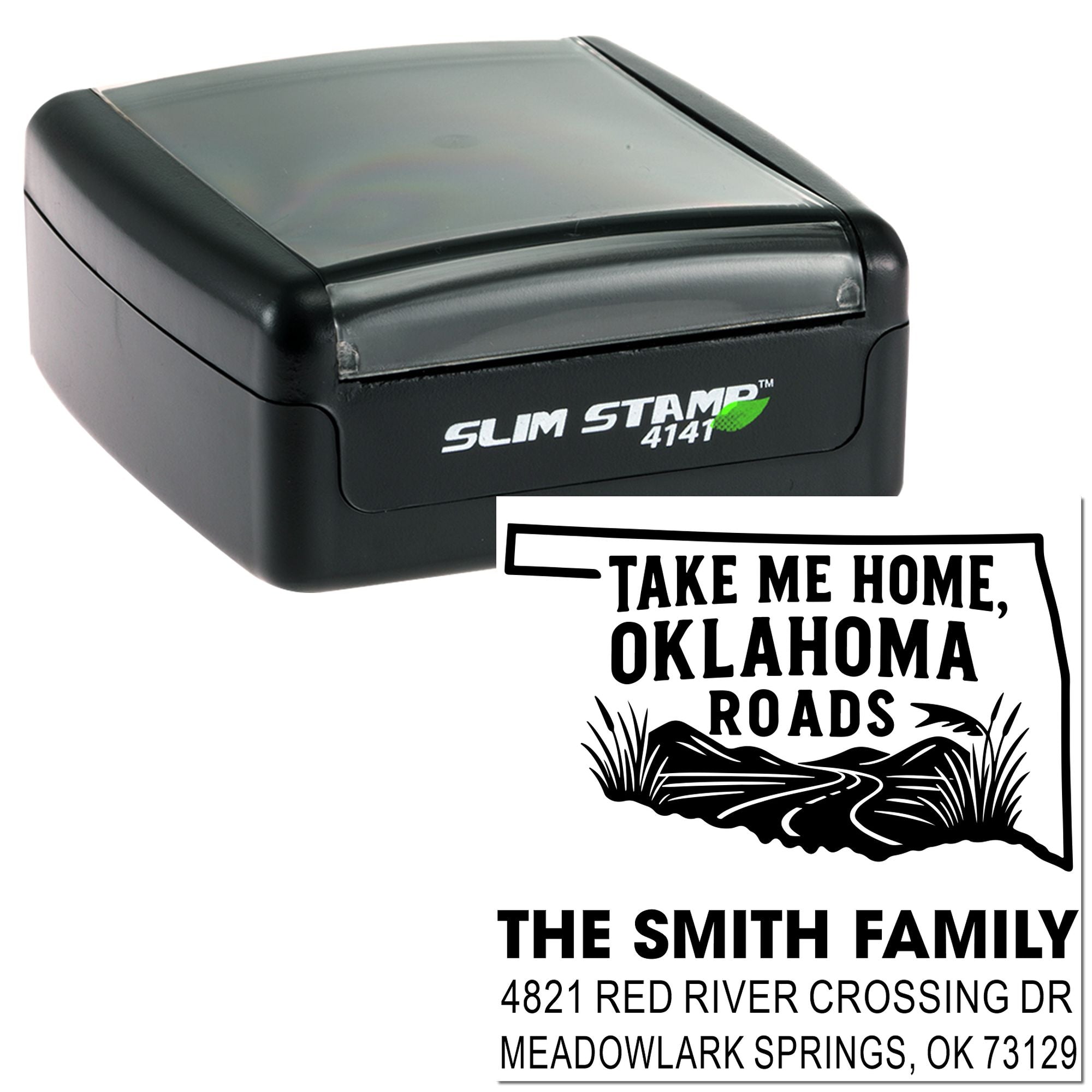 Slim Stamp 4141 custom self-inking rubber stamp with Oklahoma roads design and family address for personalized mailing.