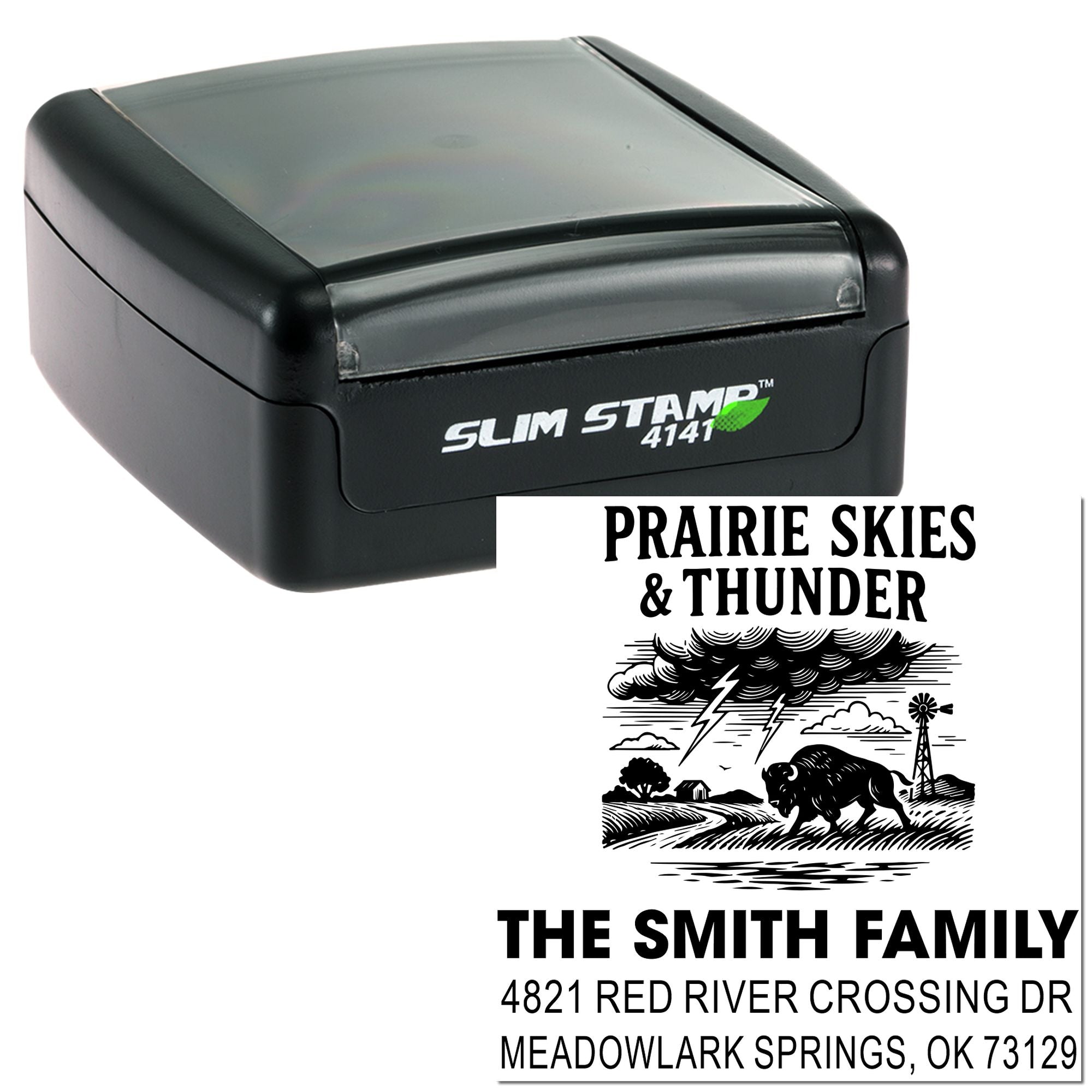Custom self-inking rubber address stamp with Prairie Skies & Thunder design and Smith family return address.