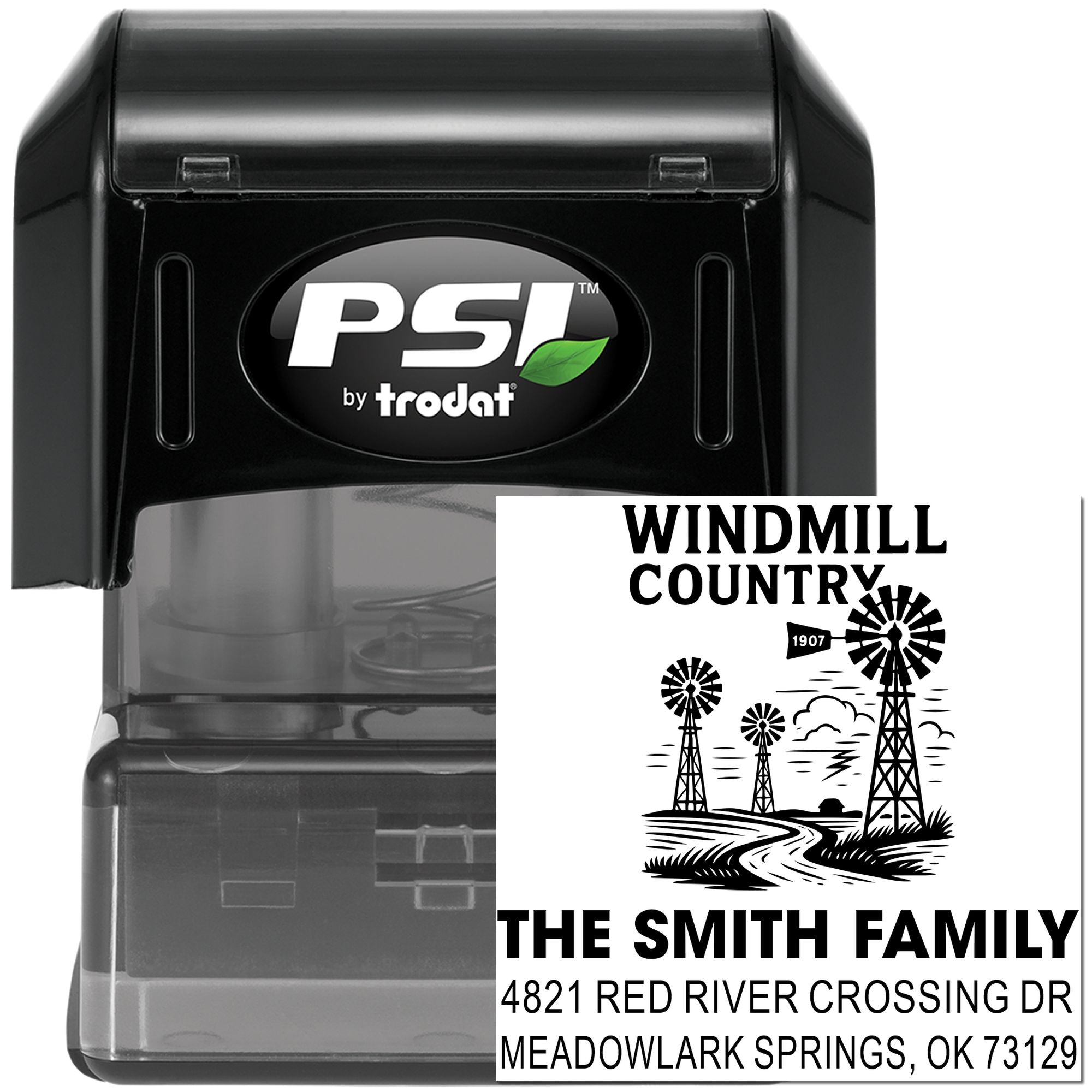 Custom self-inking address rubber stamp with windmill design for The Smith Family in Meadowlark Springs, OK.