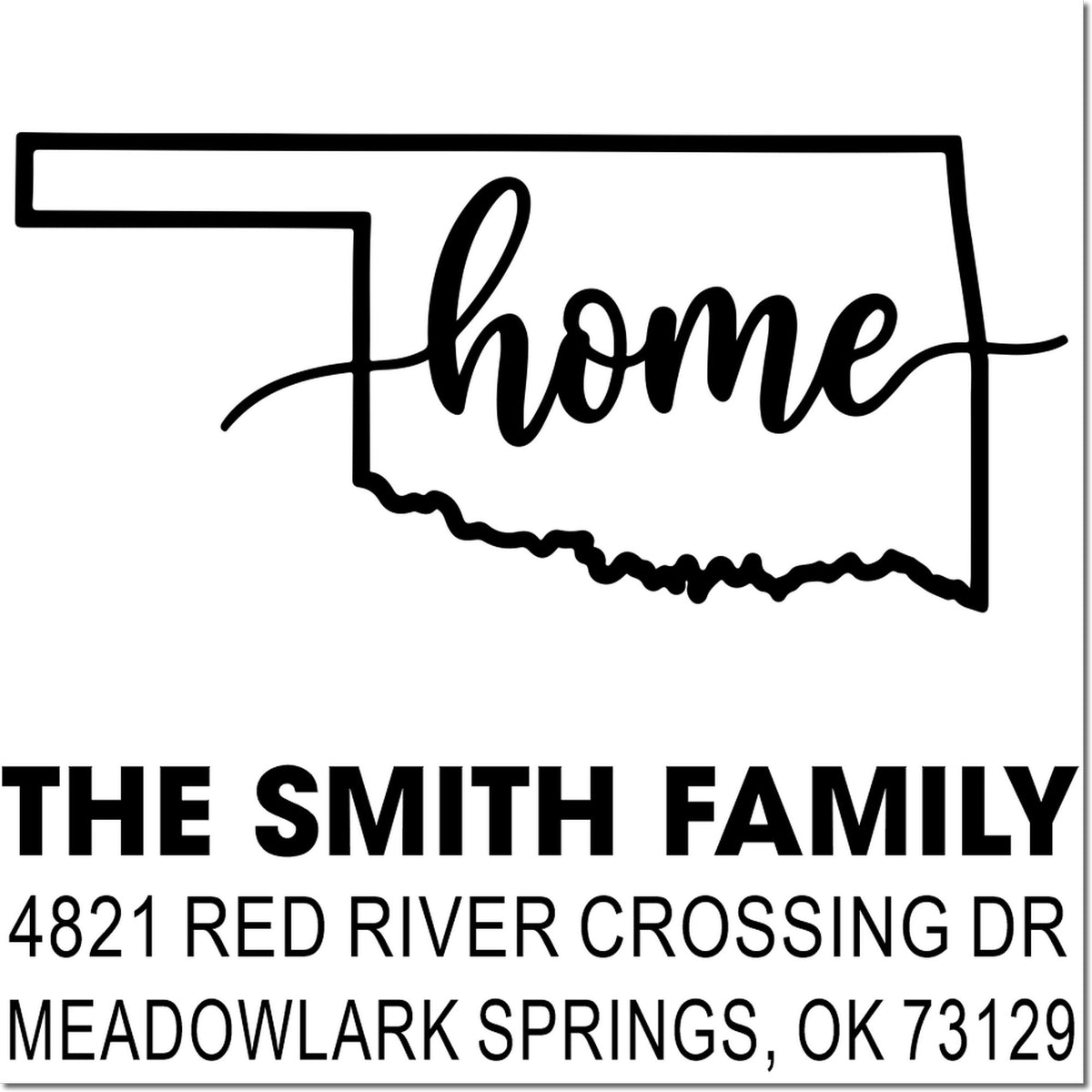 Custom Oklahoma return address rubber stamp for The Smith Family, Meadowlark Springs, OK.
