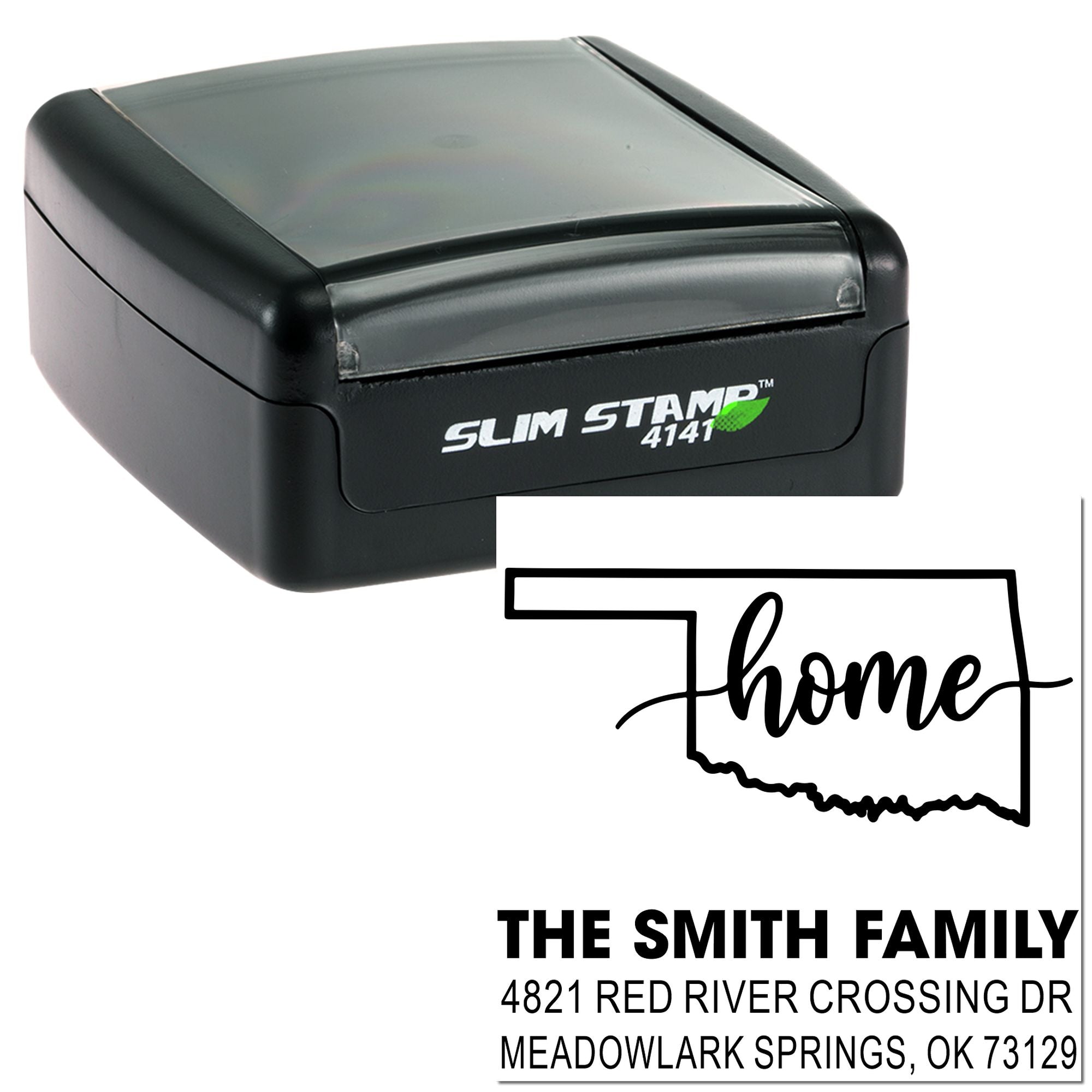 Custom self-inking rubber address stamp with Oklahoma home design for family return address mailing.