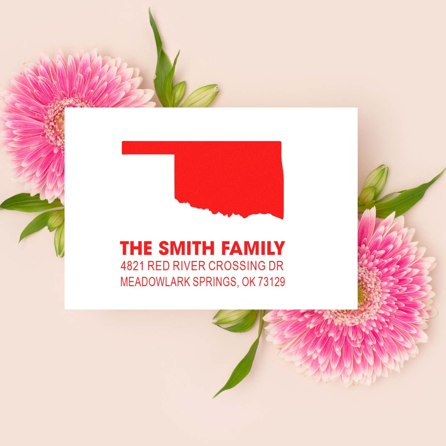 Custom Oklahoma return address rubber stamp for The Smith Family with name and mailing address, ideal for envelopes and gifts.