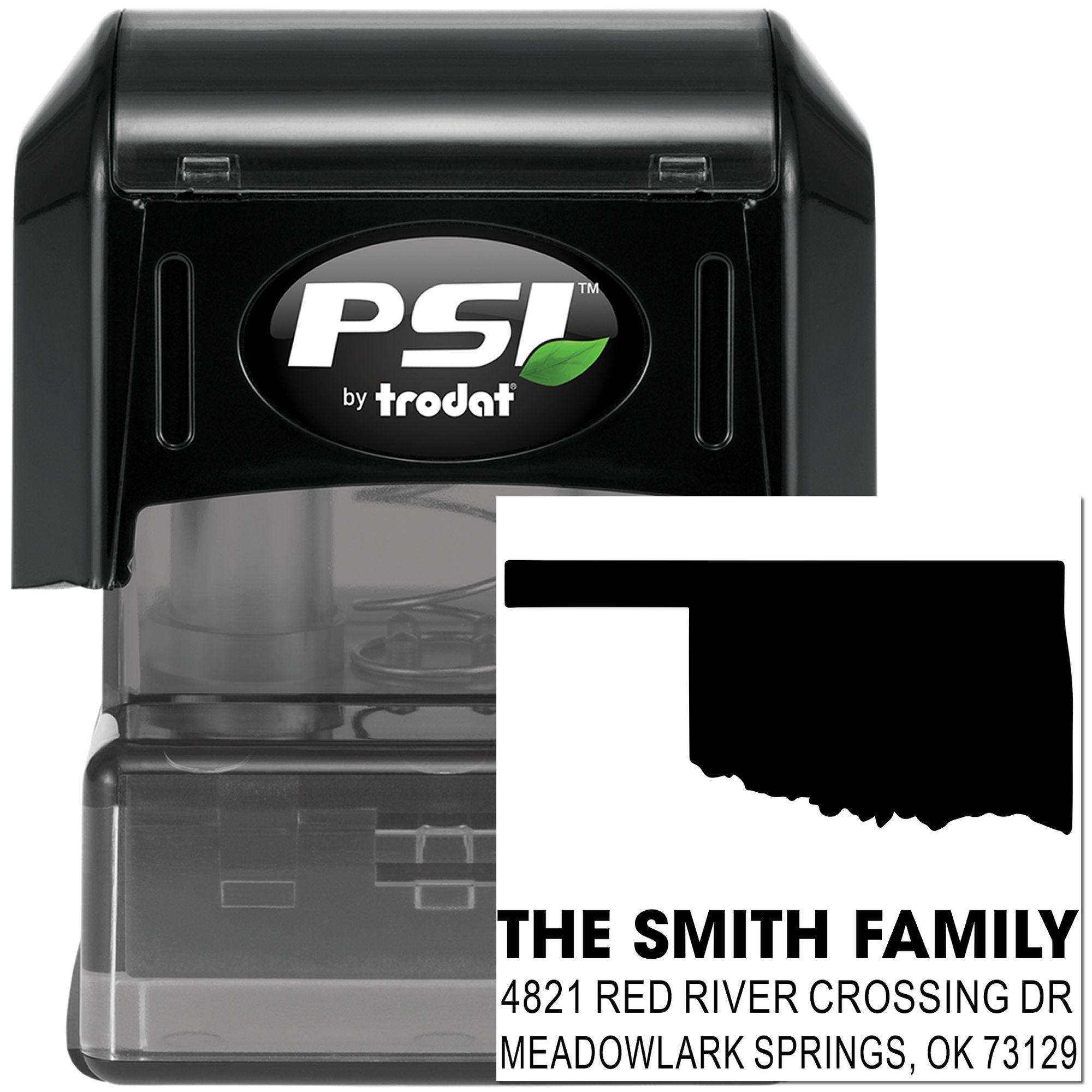 Custom self-inking rubber address stamp by PSI by Trodat, featuring Oklahoma silhouette and Smith Family return address.