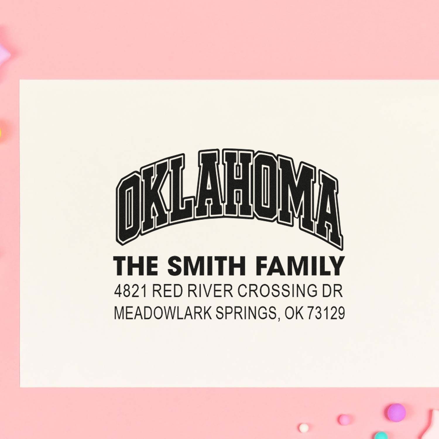 Custom Oklahoma family address rubber stamp with arched state name, Smith family, and return address details.